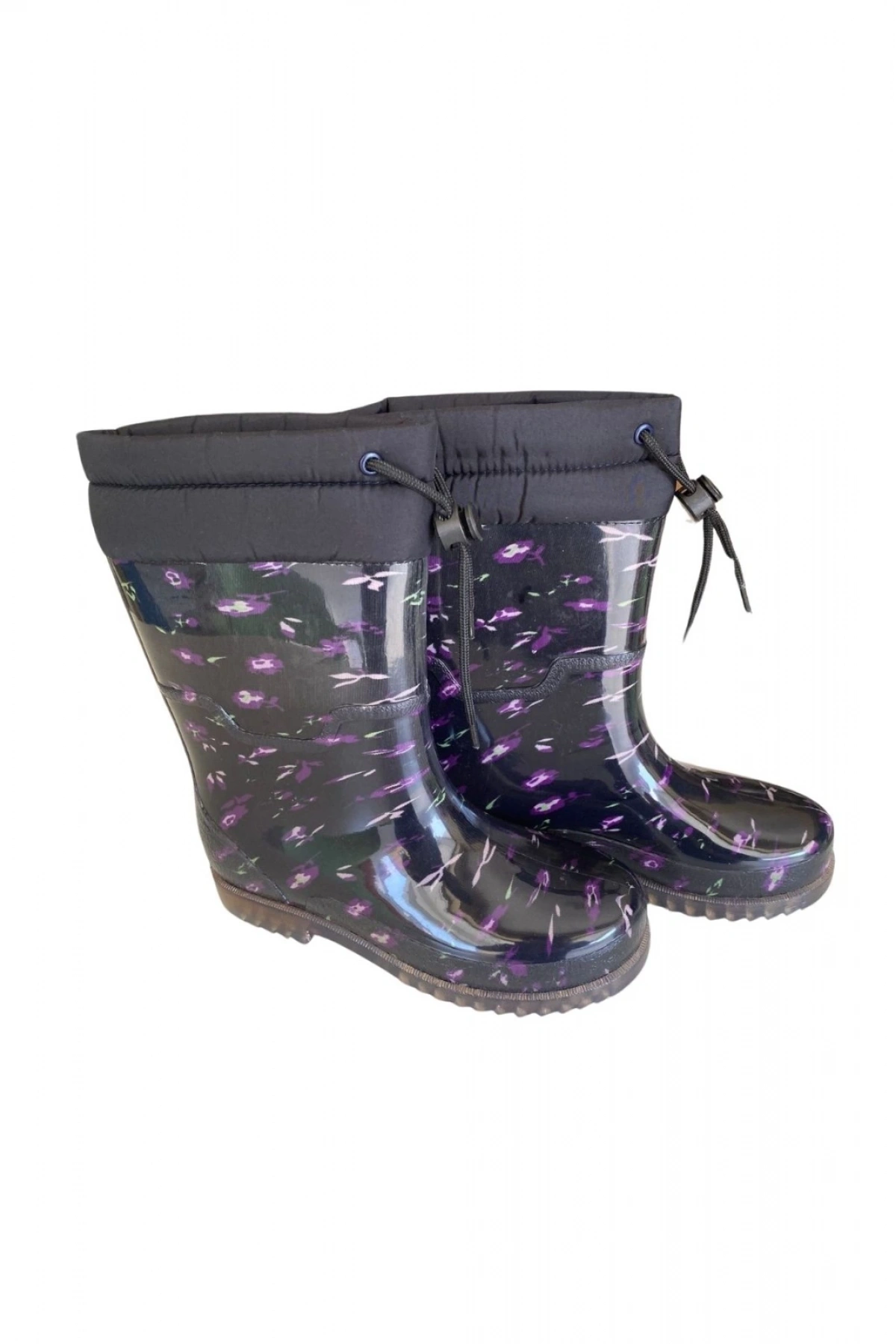 Konçlu Peluşlu Kadın Yağmur Çizmesi 36-40 Mor Çiçekli