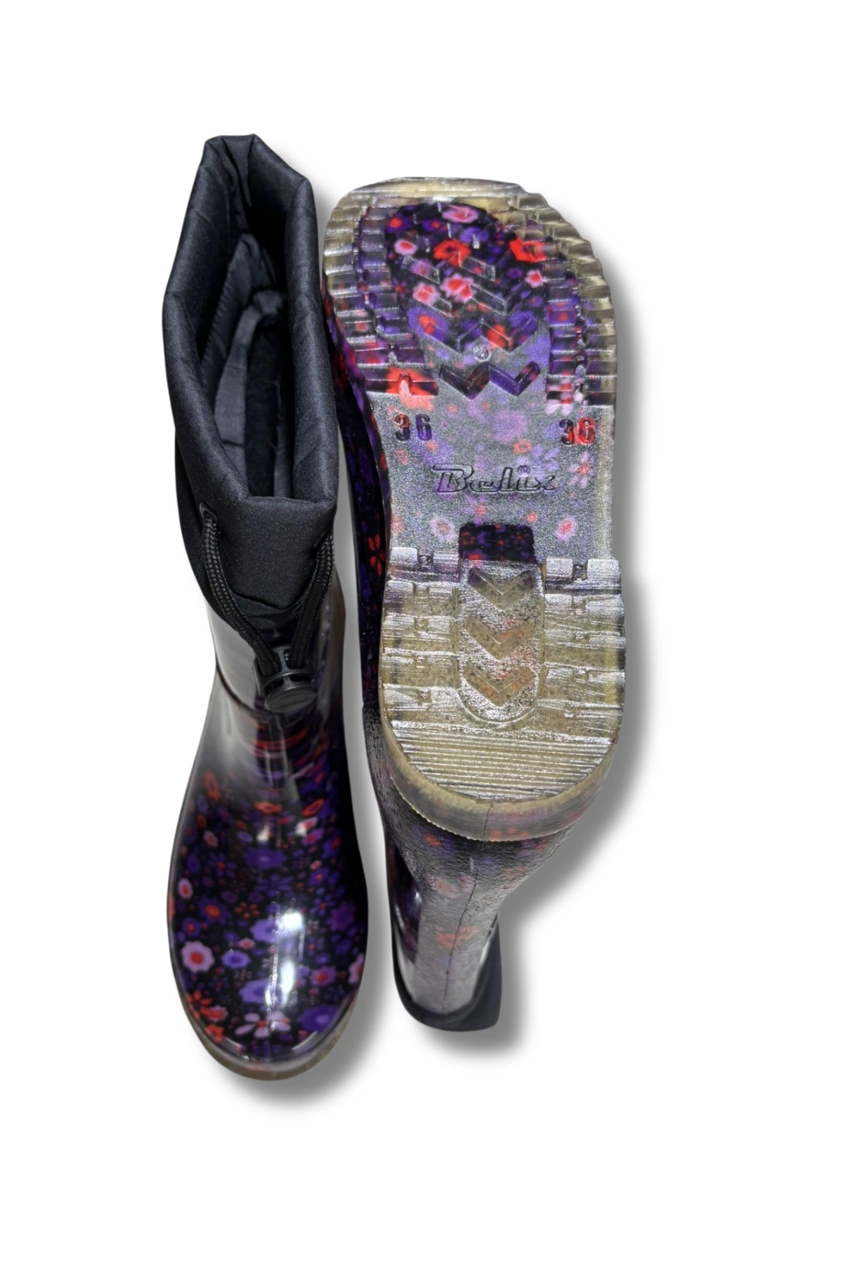 Konçlu Peluşlu Kadın Yağmur Çizmesi 36-40 Mürdüm Çiçekli