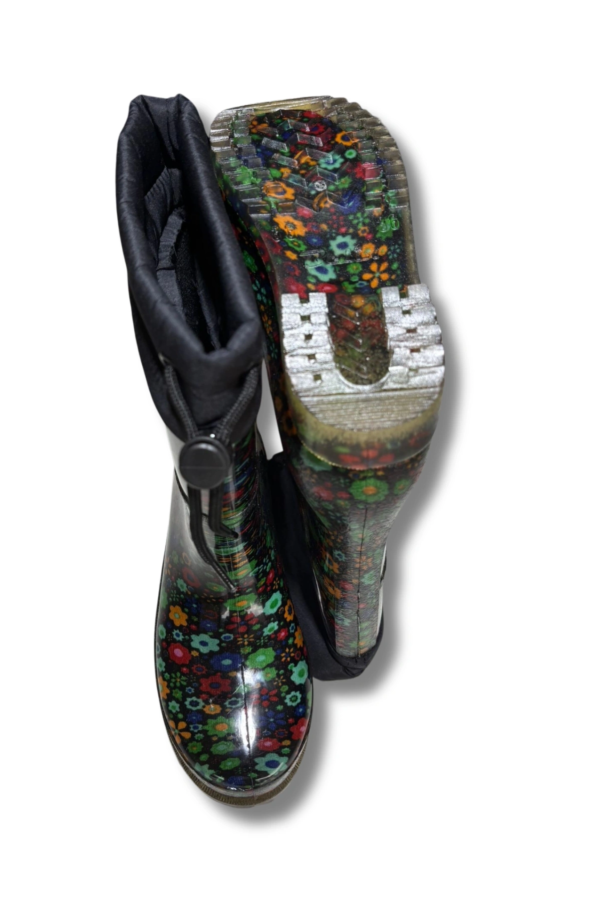 Konçlu Peluşlu Kadın Yağmur Çizmesi 36-40 Yeşil Çiçekli