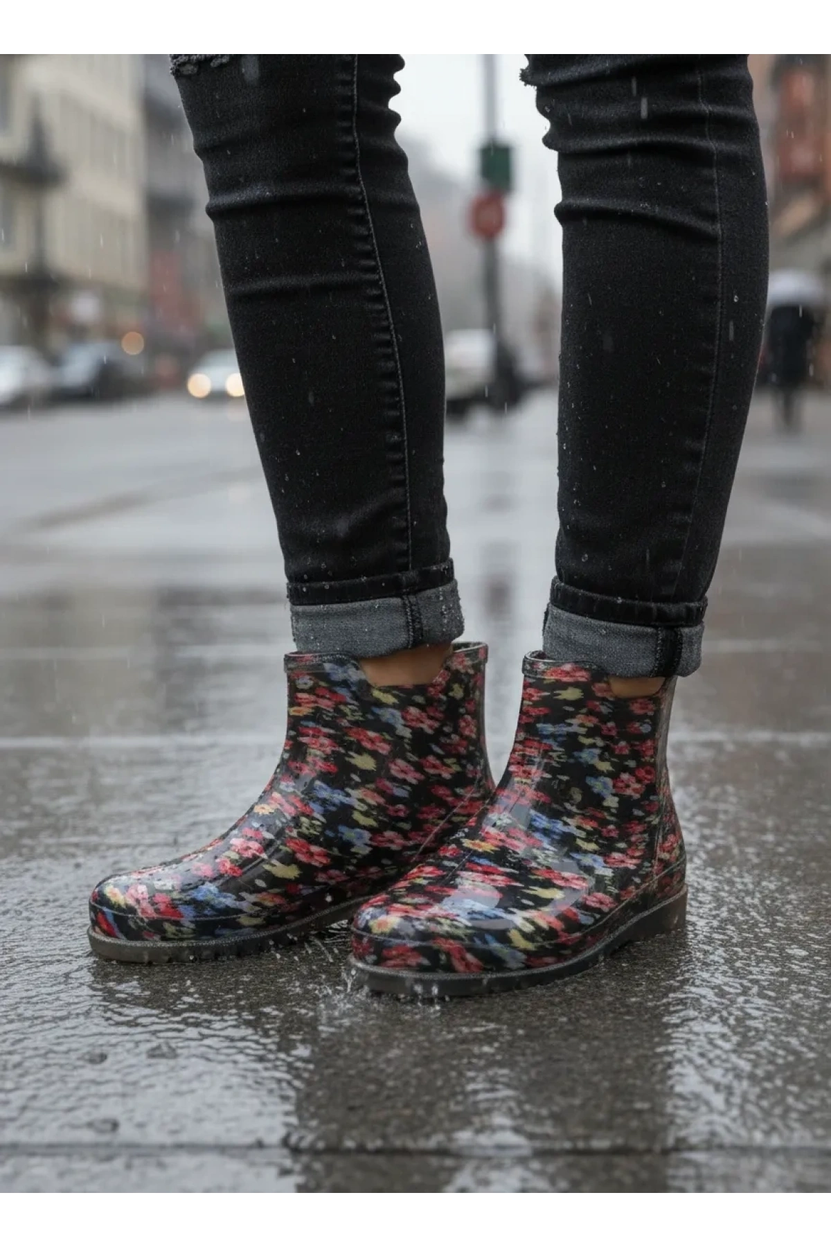 Potin Yağmur Kadın Botu 36-40 Kırmızı Çiçekli