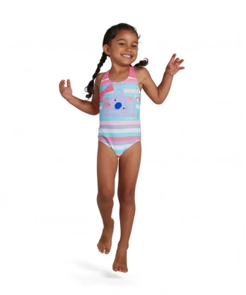 Speedo Koko Koala Desenli Çapraz Sırtlı Kız Çocuk Mayosu Mavi