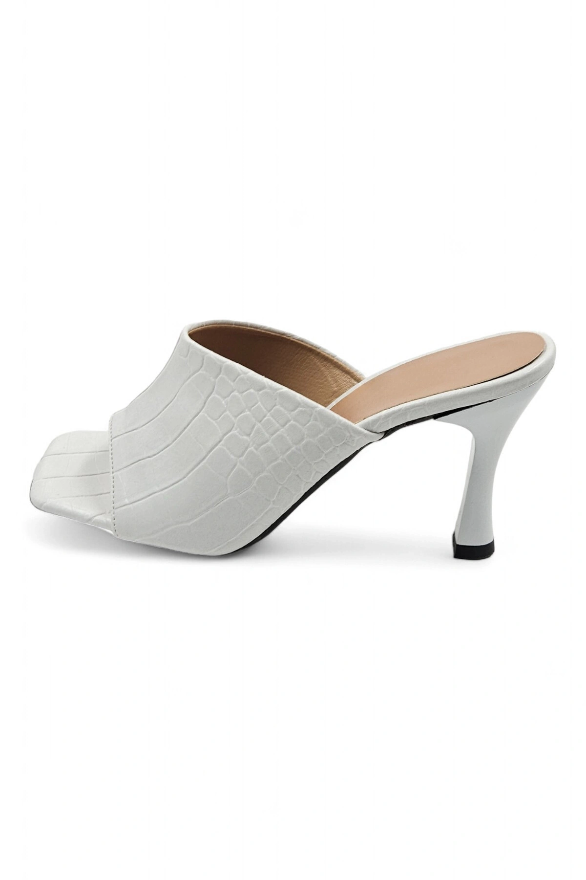 Easeful Beyaz Timsah Desenli Küt Burun İnce Topuklu Kadın Terlik