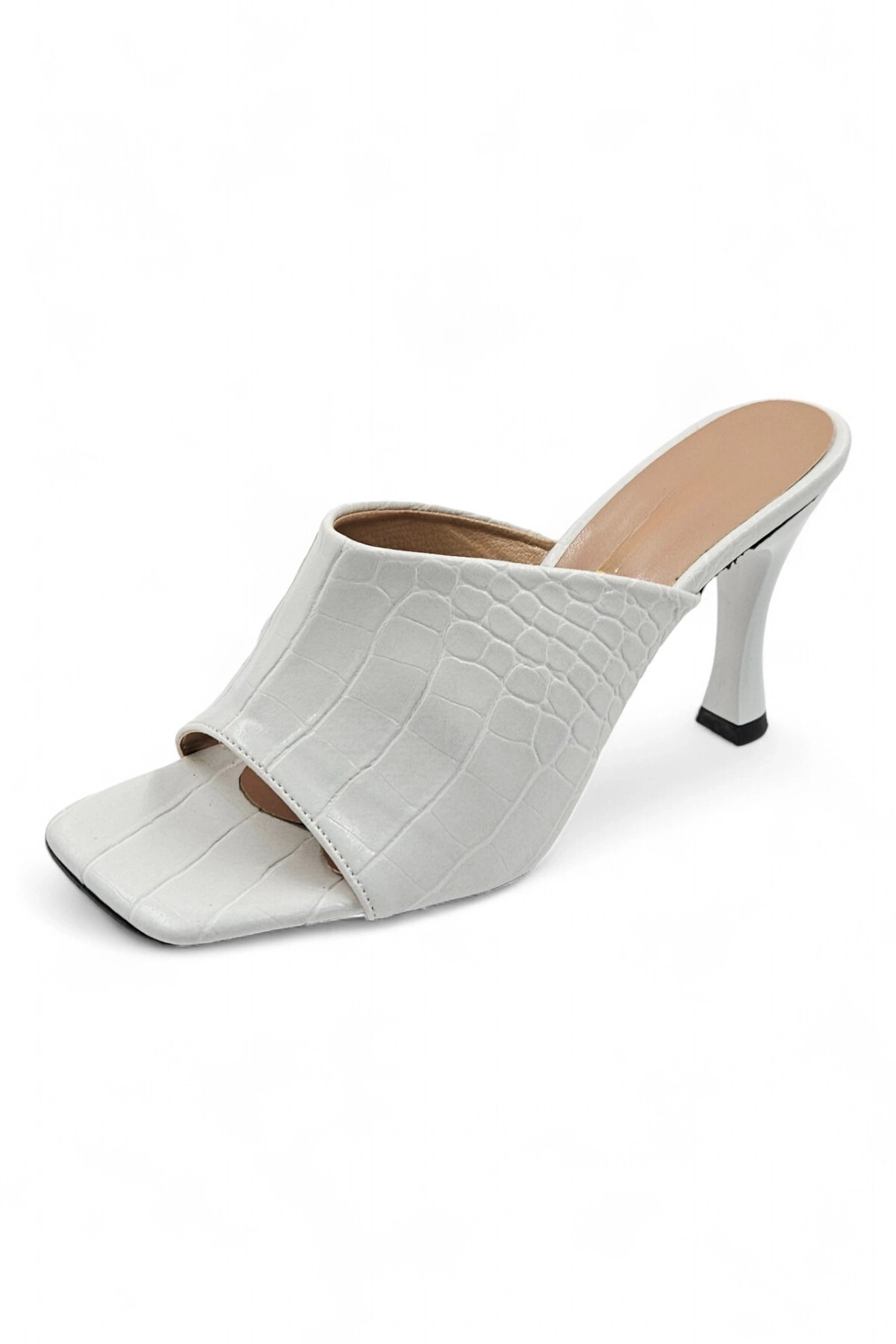 Easeful Beyaz Timsah Desenli Küt Burun İnce Topuklu Kadın Terlik
