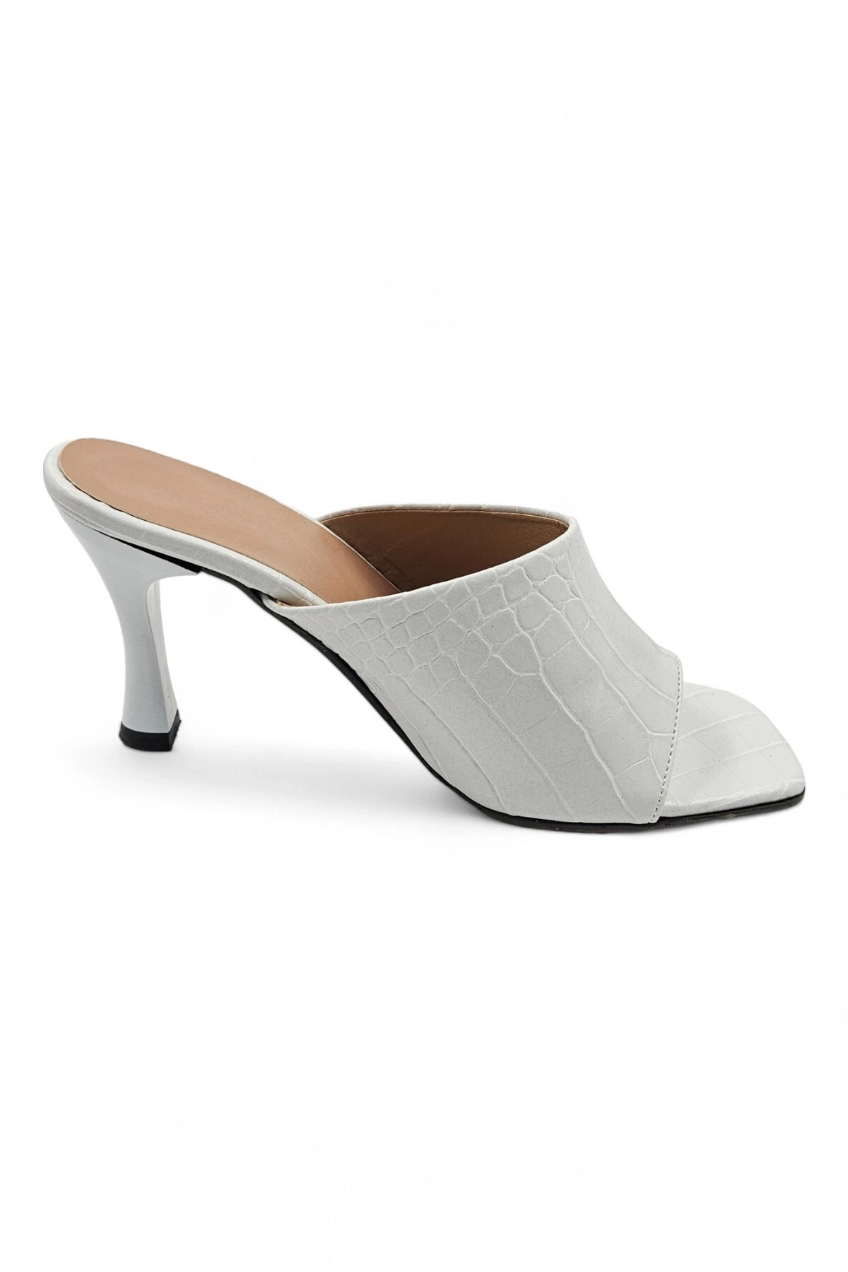 Easeful Beyaz Timsah Desenli Küt Burun İnce Topuklu Kadın Terlik