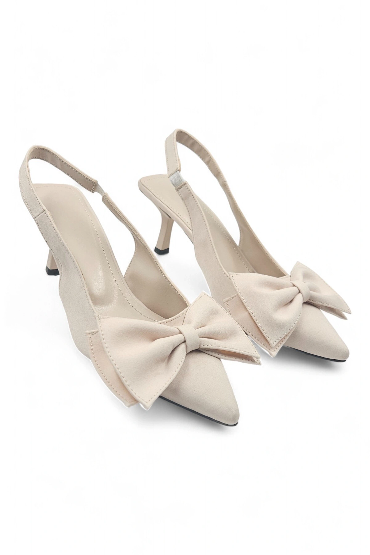 Elan Bej Arkası Açık Fiyonk Detaylı Kadın Stiletto Topuklu Ayakkabı