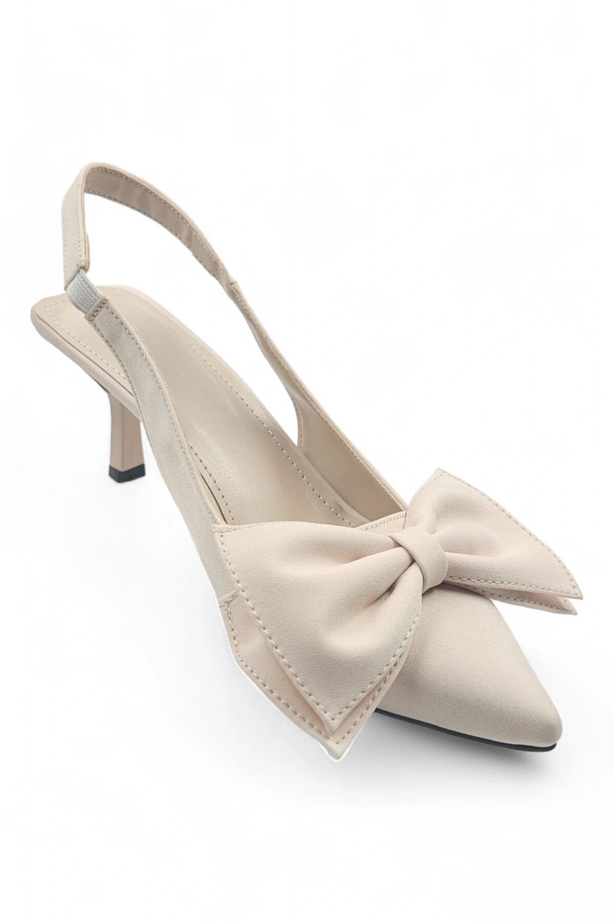 Elan Bej Arkası Açık Fiyonk Detaylı Kadın Stiletto Topuklu Ayakkabı