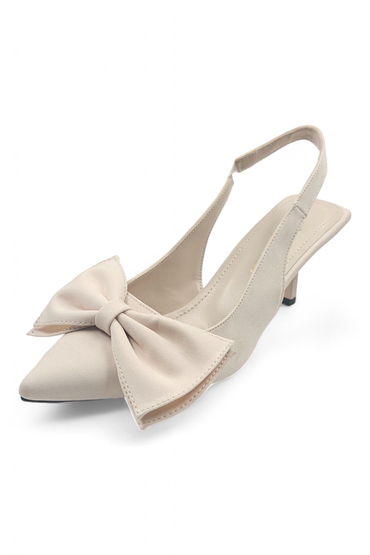 Elan Bej Arkası Açık Fiyonk Detaylı Kadın Stiletto Topuklu Ayakkabı