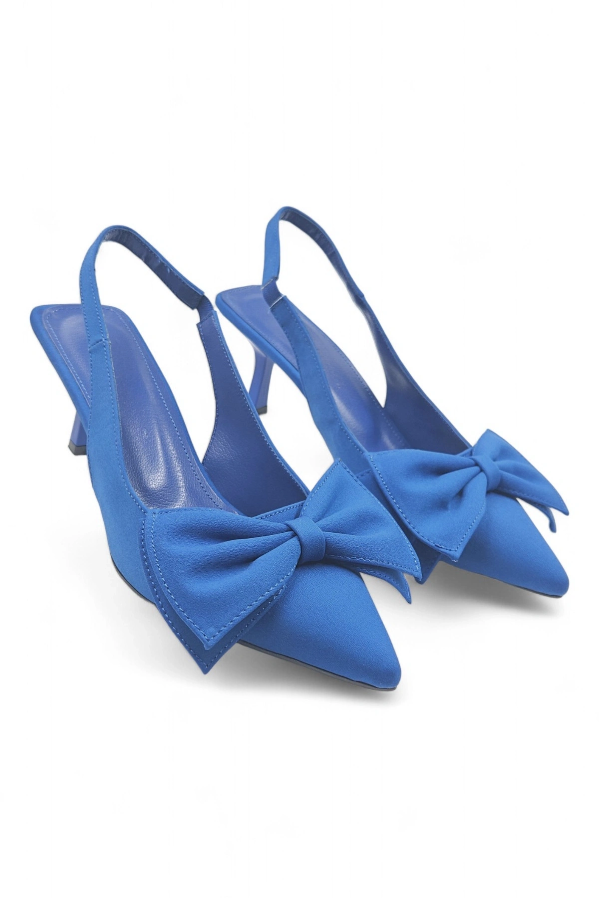Elan Mavi Arkası Açık Fiyonk Detaylı Kadın Stiletto Topuklu Ayakkabı