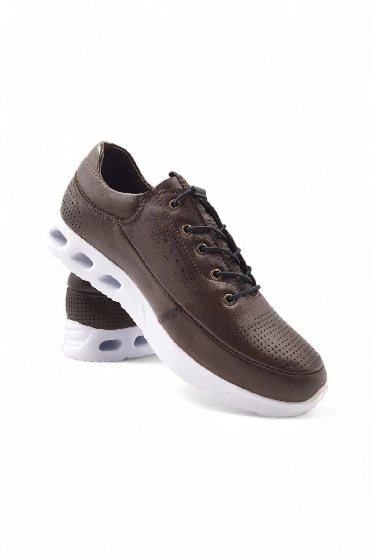 Embur Kahverengi Hakiki Deri Bağcıklı Sneaker Spor Ayakkabı