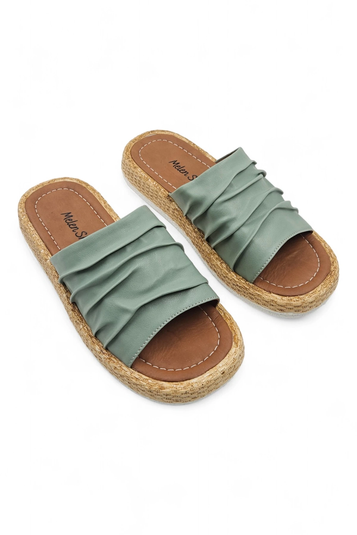 Estiva Yeşil Bohem Tarzı Etnik Kadın Hasır Taban Yazlık Günlük Terlik