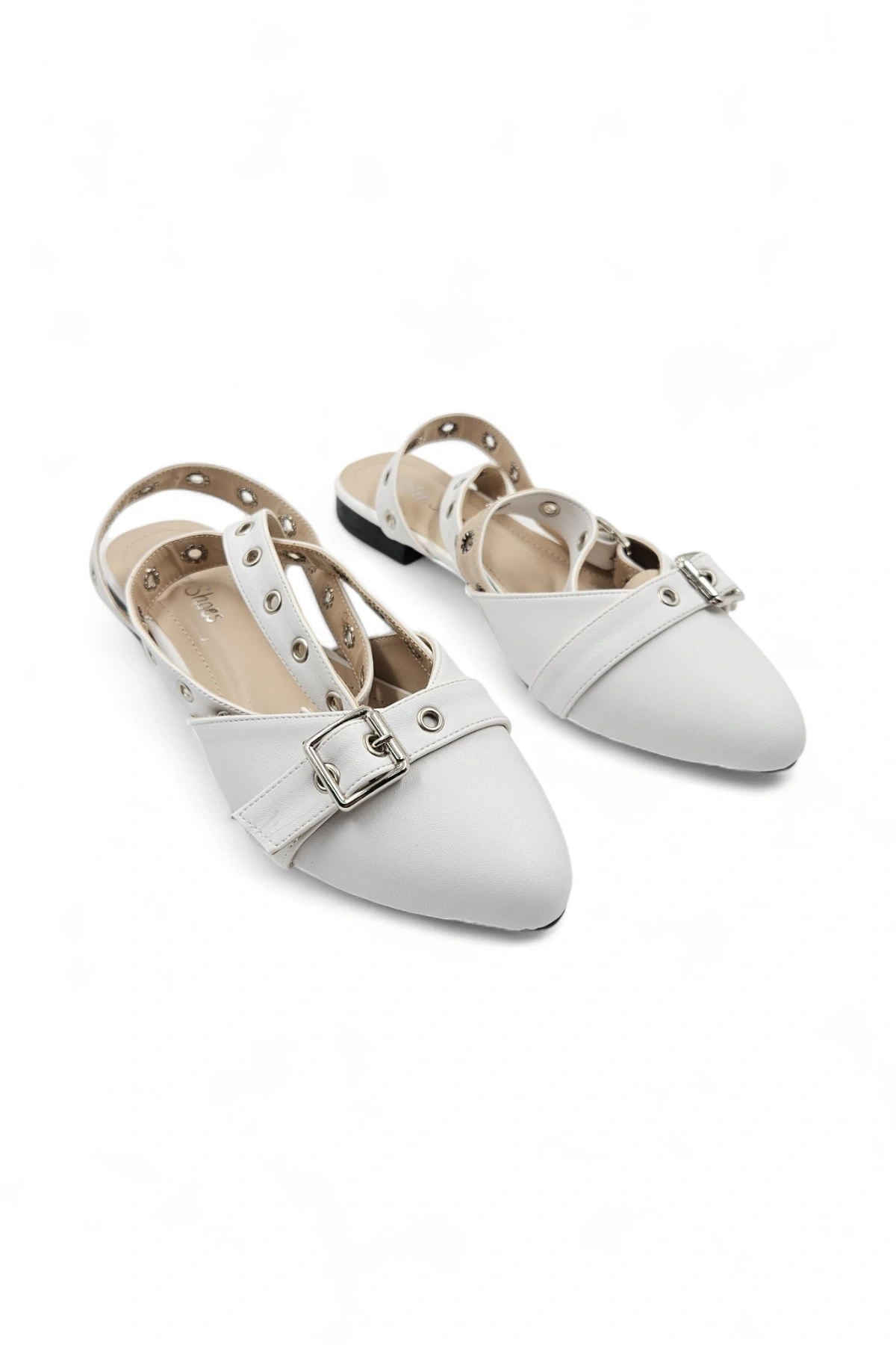 Fray Beyaz Suni Deri Kadın Günlük Tokalı Bilek Dolama Rahat Babet Ayakkabı