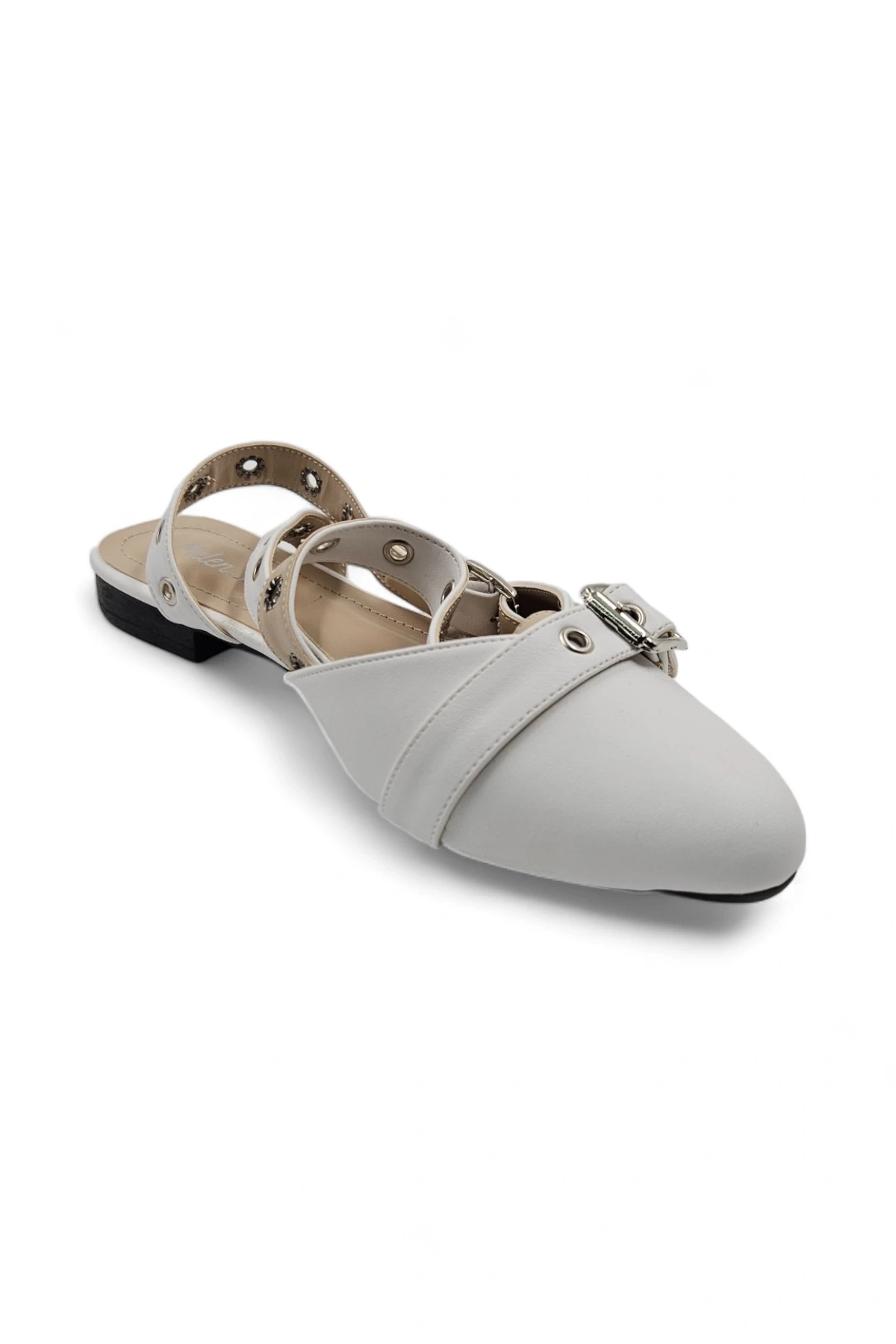 Fray Beyaz Suni Deri Kadın Günlük Tokalı Bilek Dolama Rahat Babet Ayakkabı