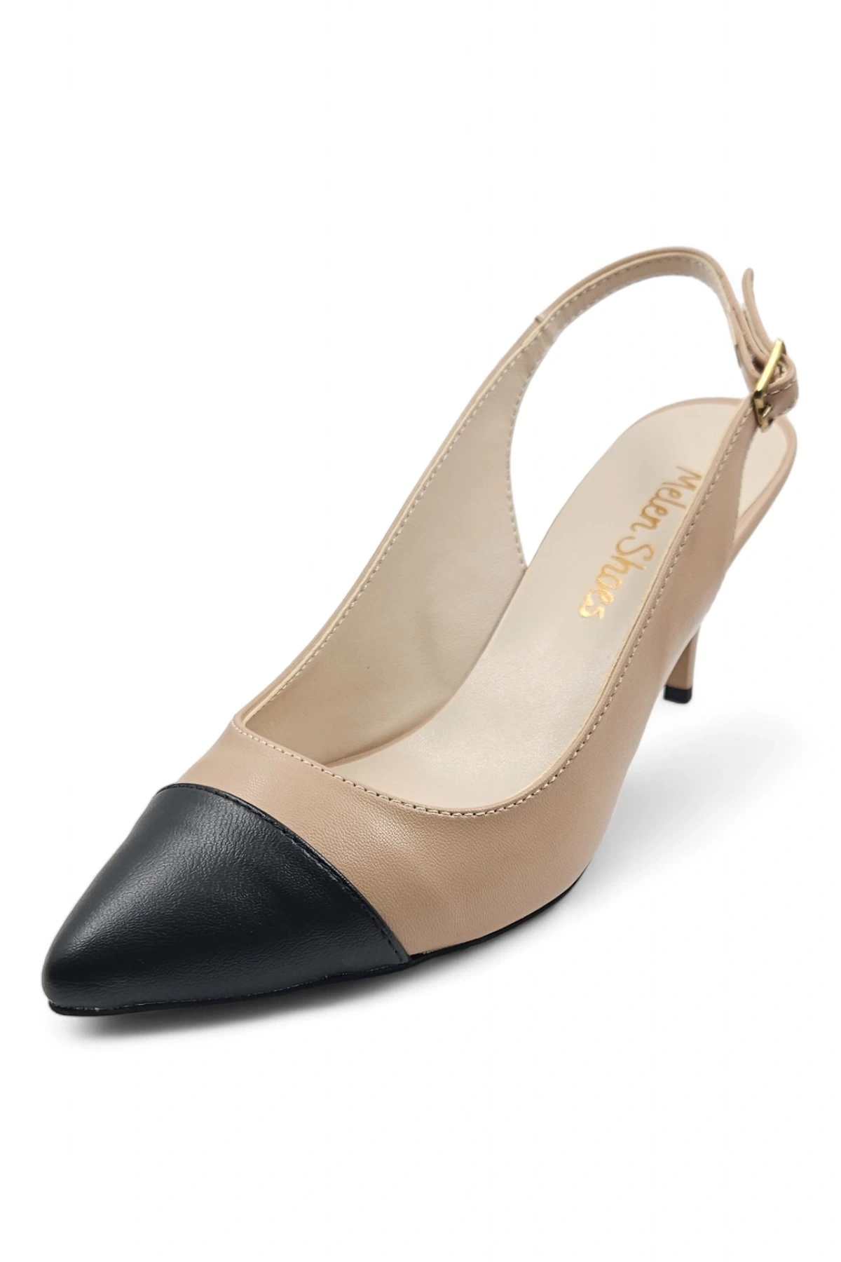 Glamora Bej Siyah Kadın Rahat Kısa Stiletto Topuklu Ayakkabı