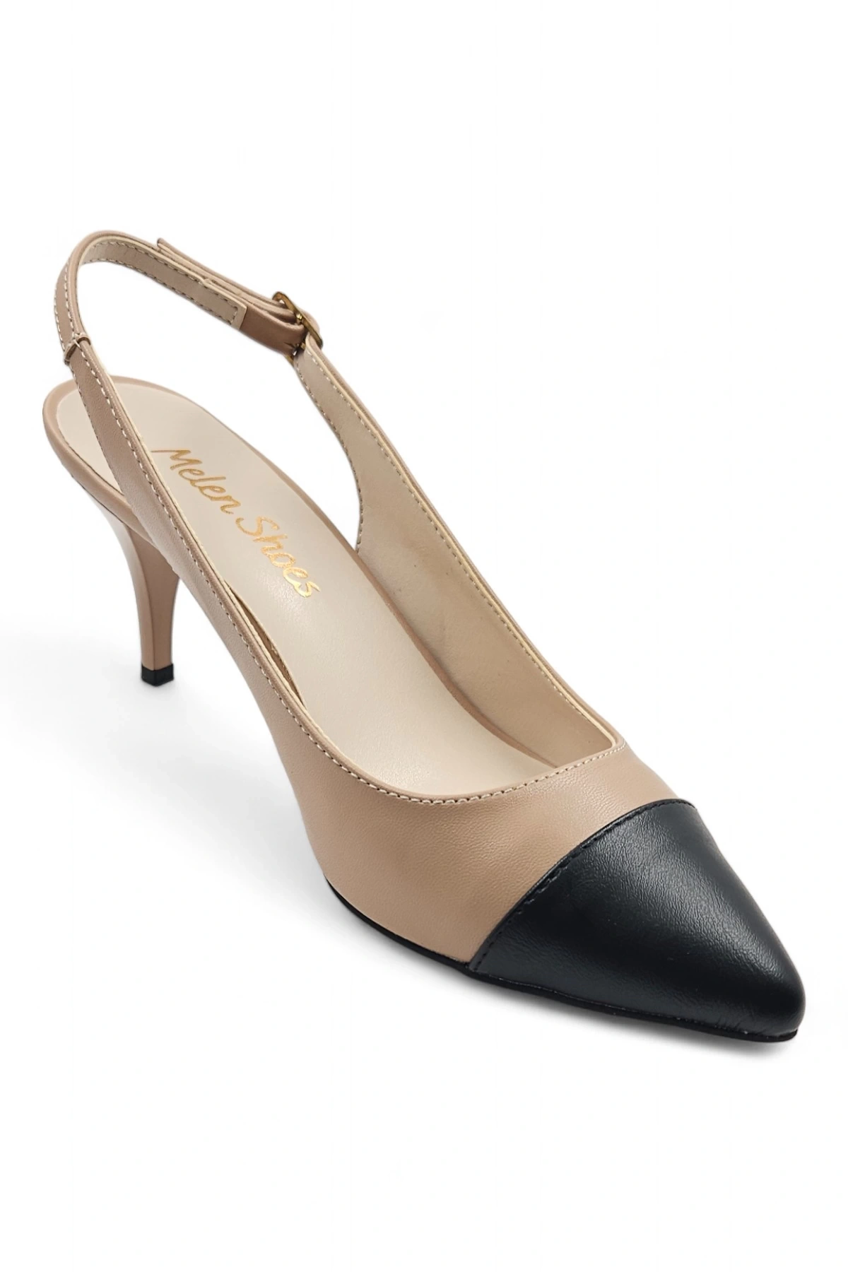 Glamora Bej Siyah Kadın Rahat Kısa Stiletto Topuklu Ayakkabı