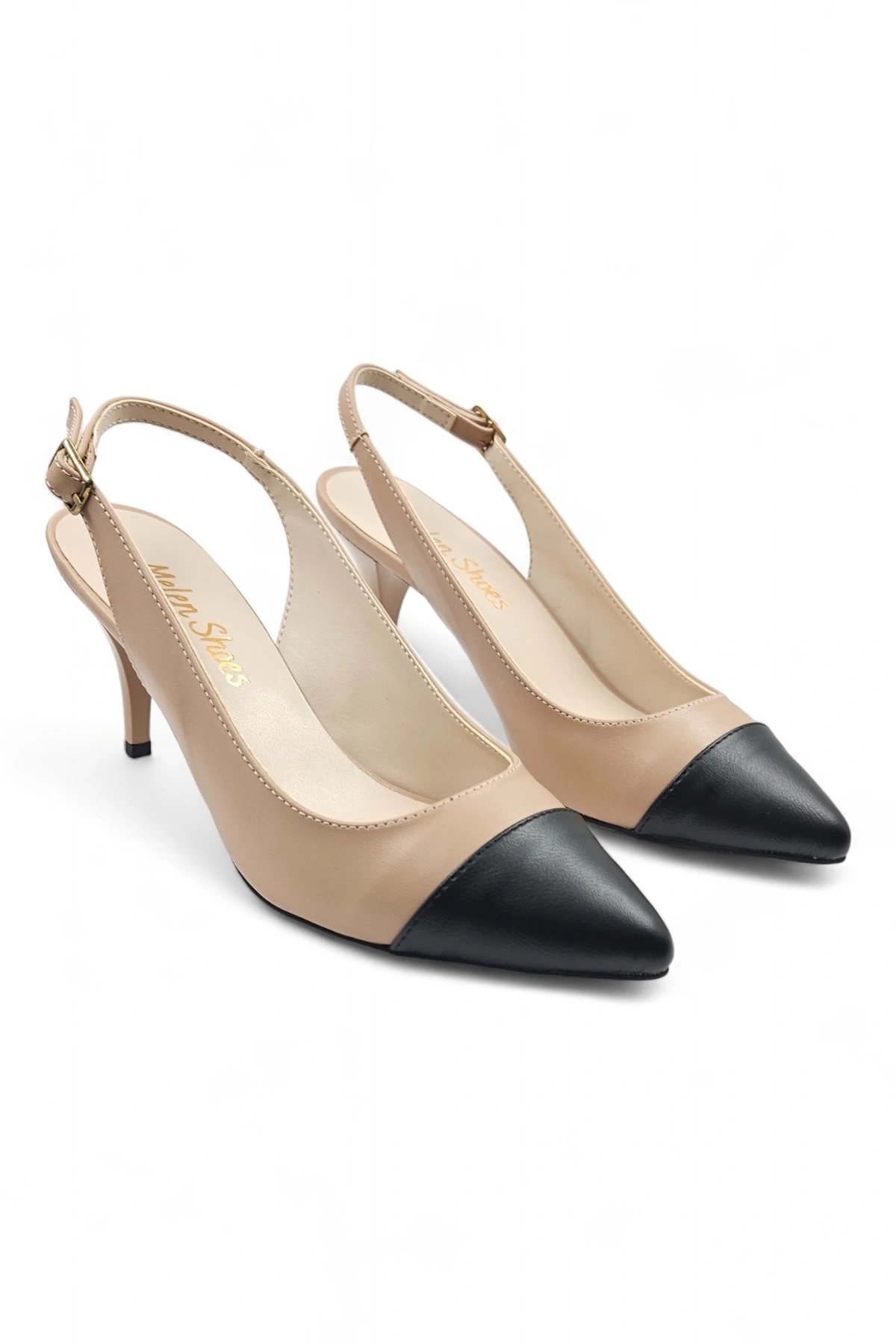 Glamora Bej Siyah Kadın Rahat Kısa Stiletto Topuklu Ayakkabı