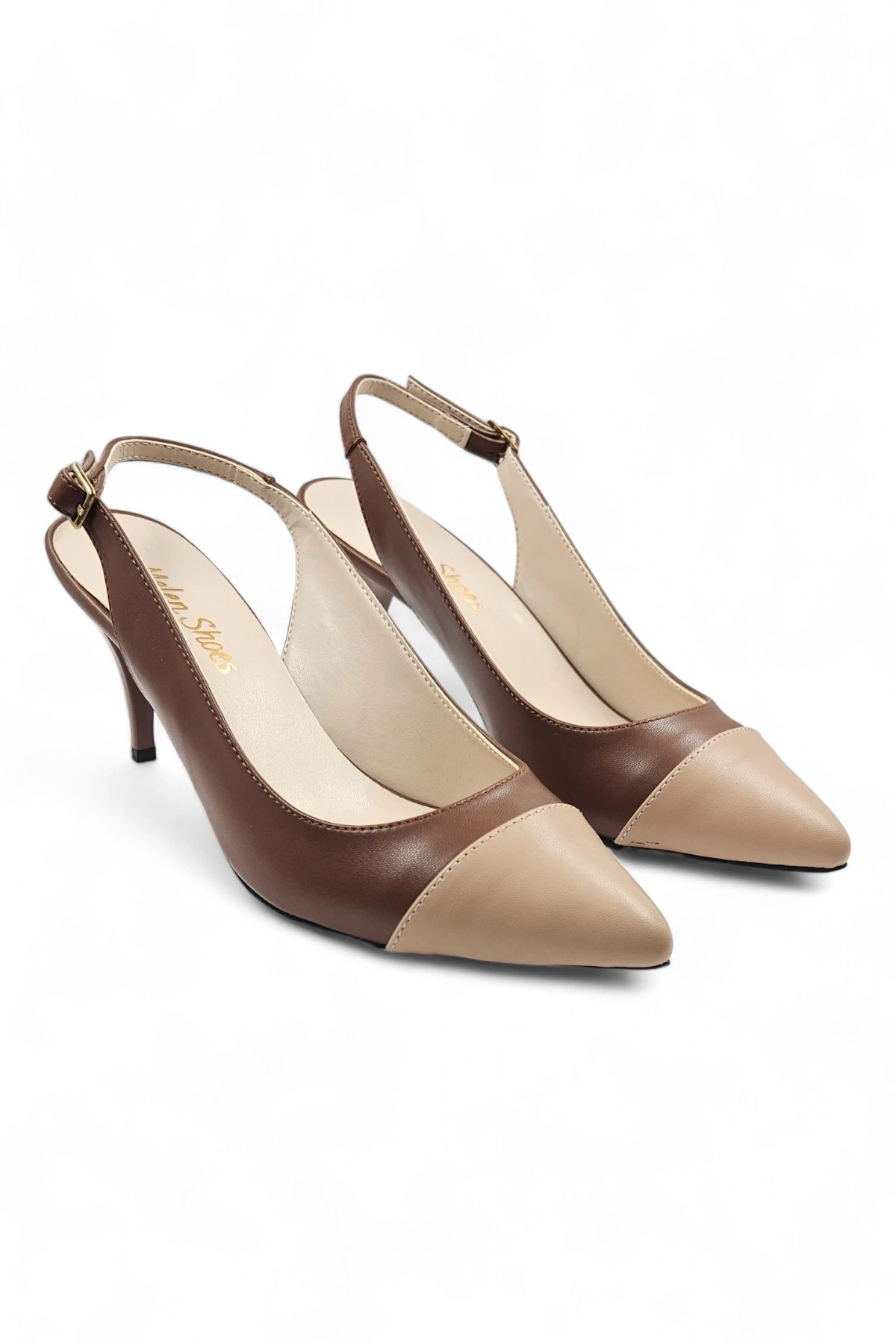 Glamora Kahve Bej Kadın Rahat Kısa Stiletto Topuklu Ayakkabı