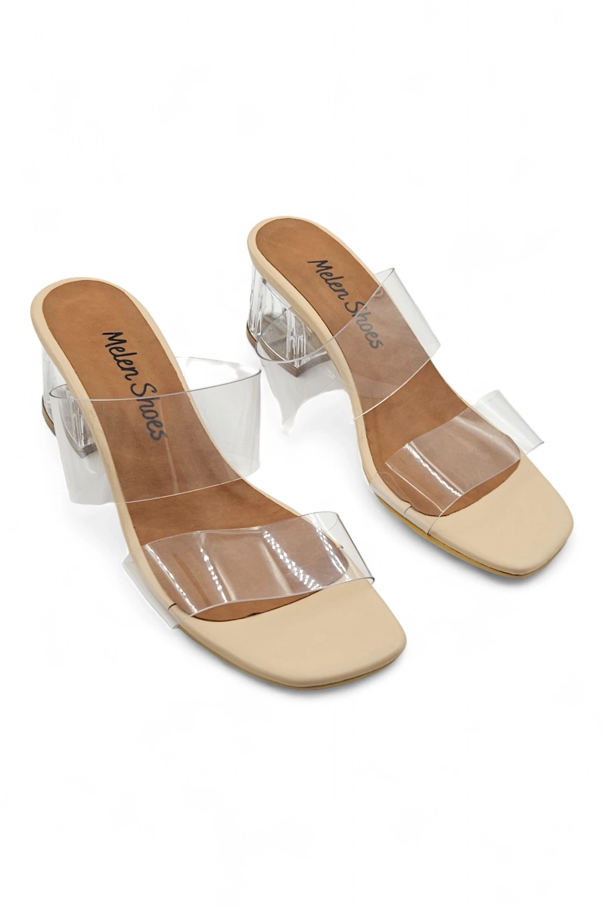 Hyaline Bej Kadın Şeffaf Bantlı Kare Burun Topuklu Terlik