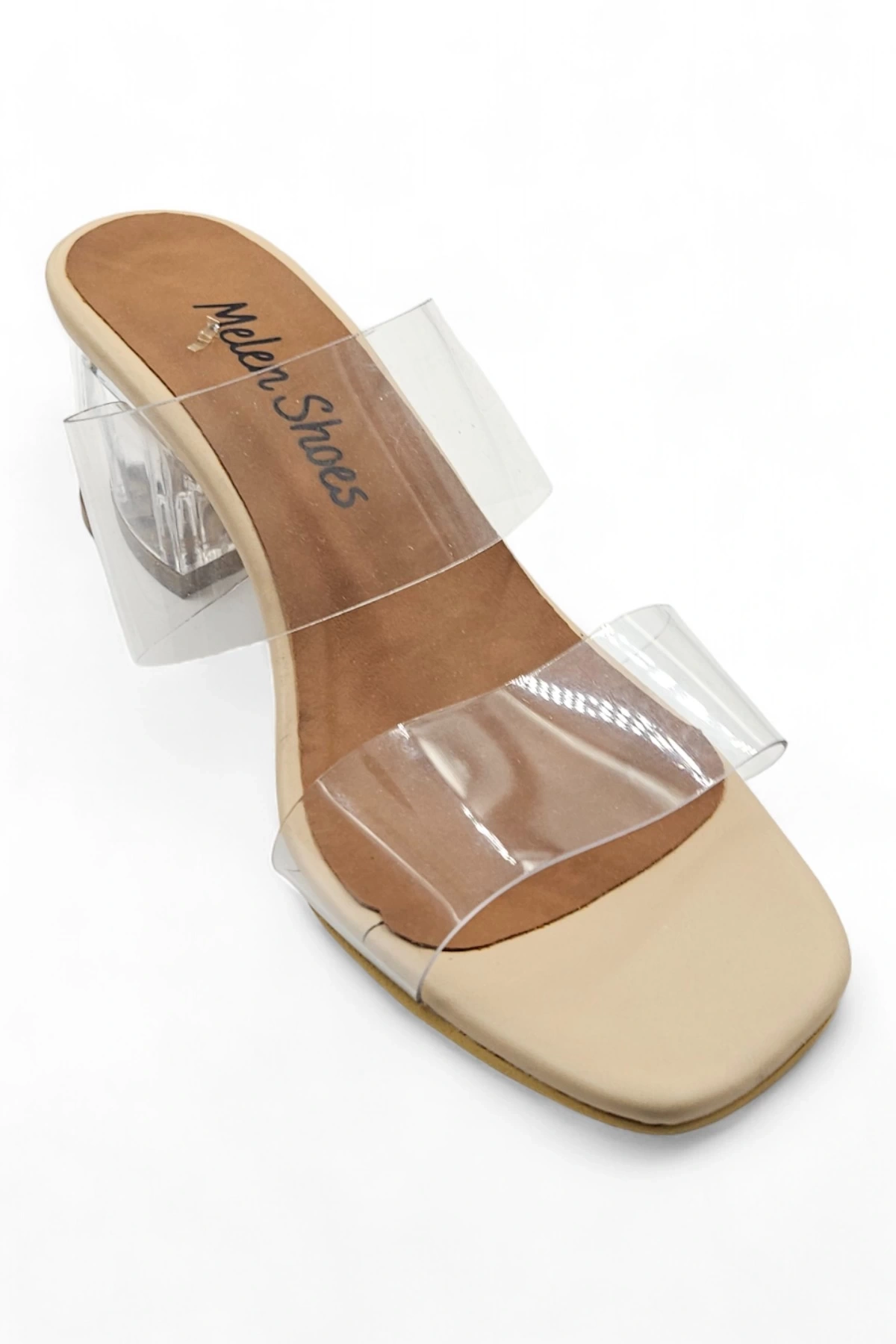 Hyaline Bej Kadın Şeffaf Bantlı Kare Burun Topuklu Terlik