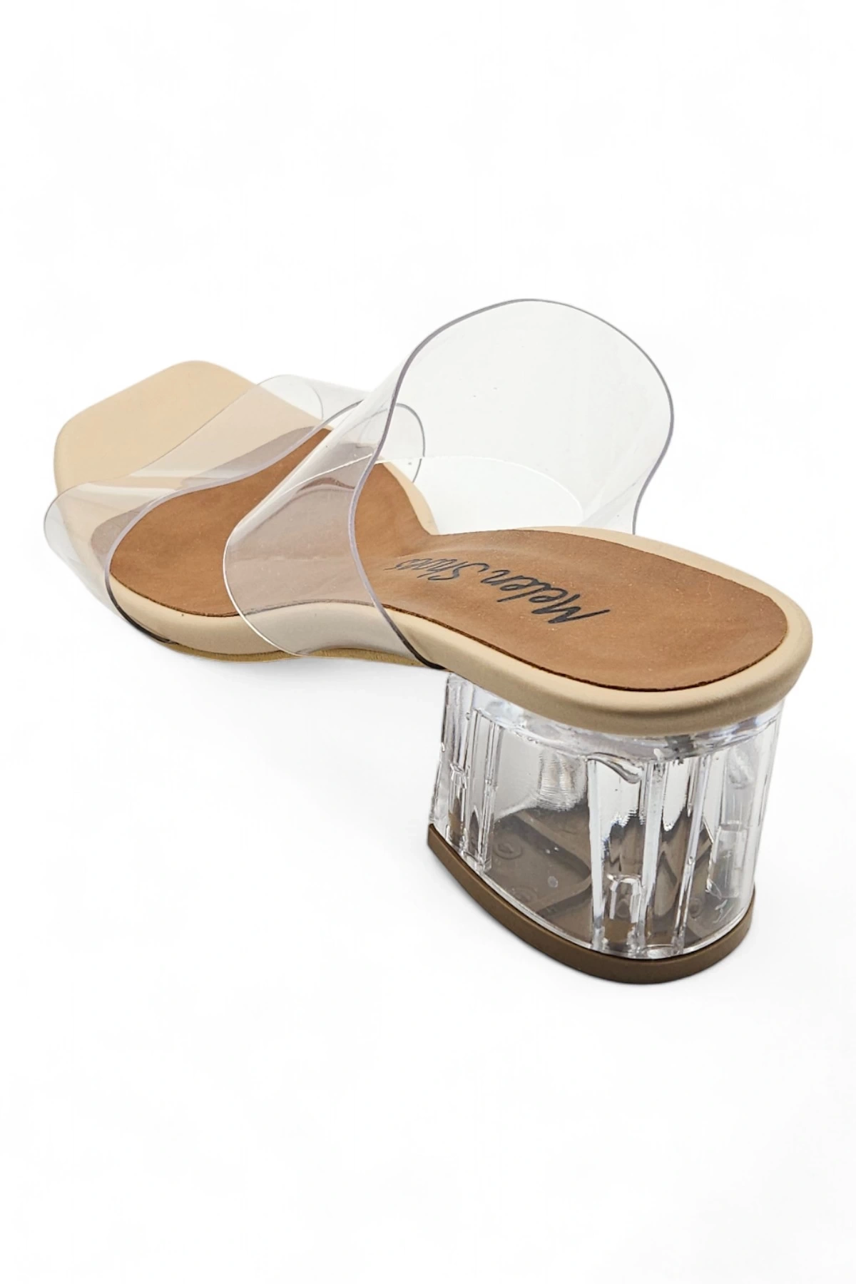 Hyaline Bej Kadın Şeffaf Bantlı Kare Burun Topuklu Terlik