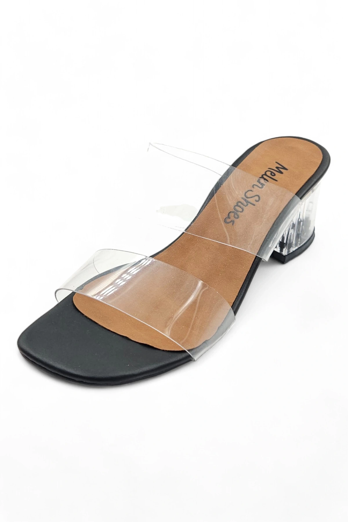 Hyaline Siyah Kadın Şeffaf Bantlı Kare Burun Topuklu Terlik