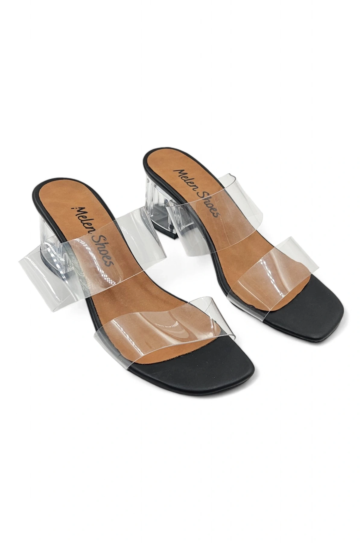 Hyaline Siyah Kadın Şeffaf Bantlı Kare Burun Topuklu Terlik