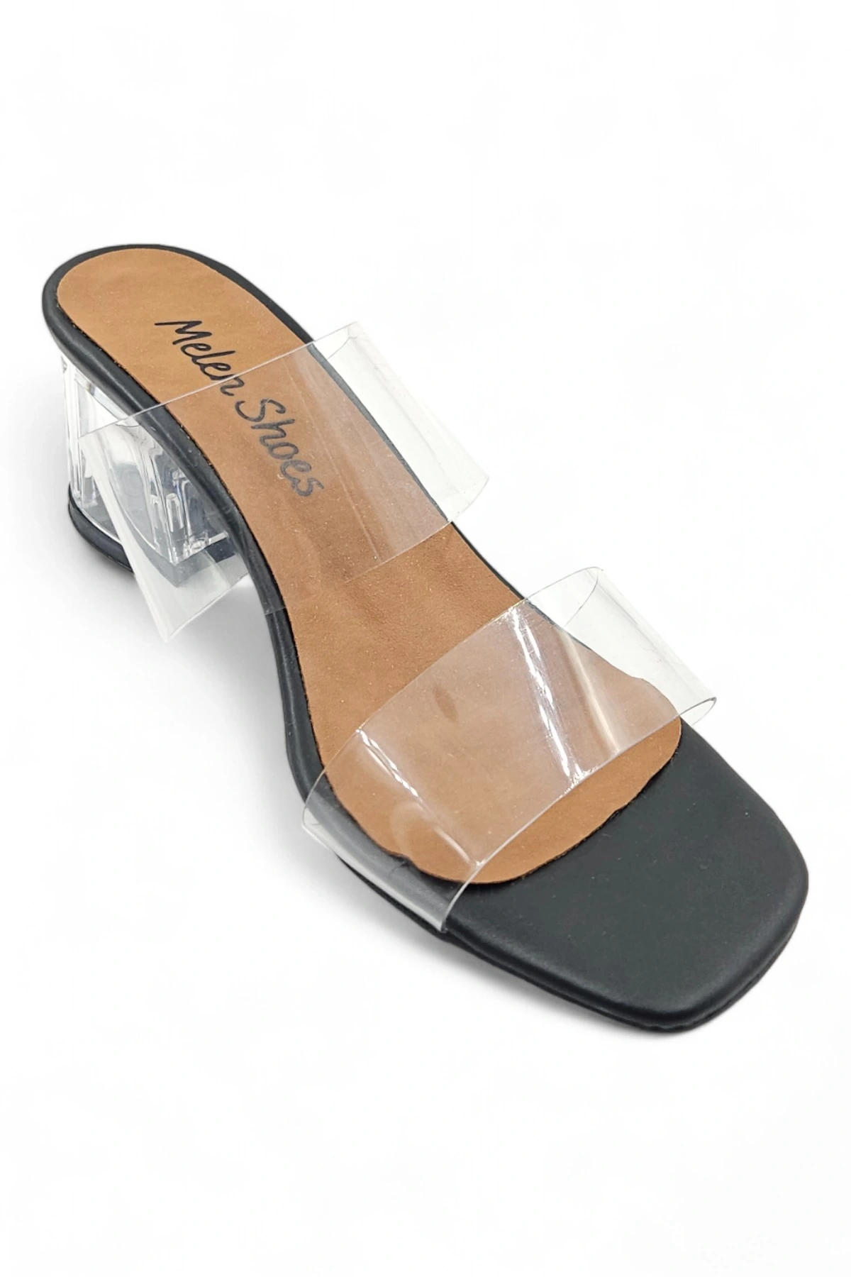 Hyaline Siyah Kadın Şeffaf Bantlı Kare Burun Topuklu Terlik