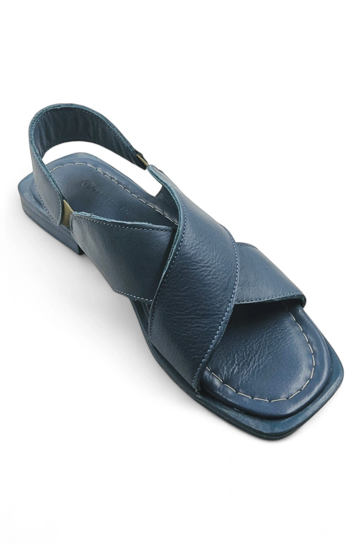 PureSole Mavi Hakiki Deri Küt Burun Kadın Sandalet