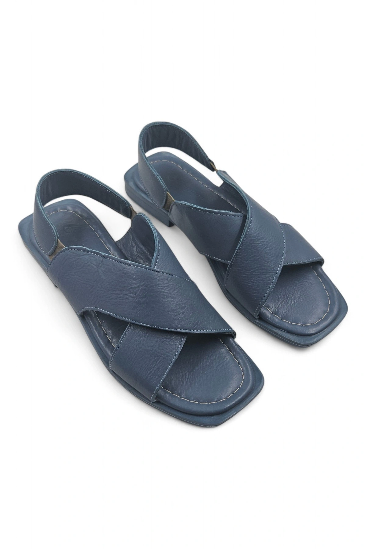 PureSole Mavi Hakiki Deri Küt Burun Kadın Sandalet