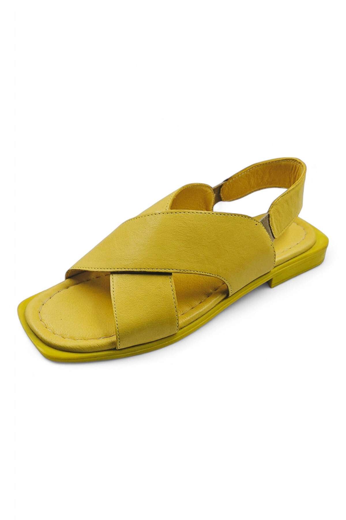 PureSole Sarı Hakiki Deri Küt Burun Kadın Sandalet