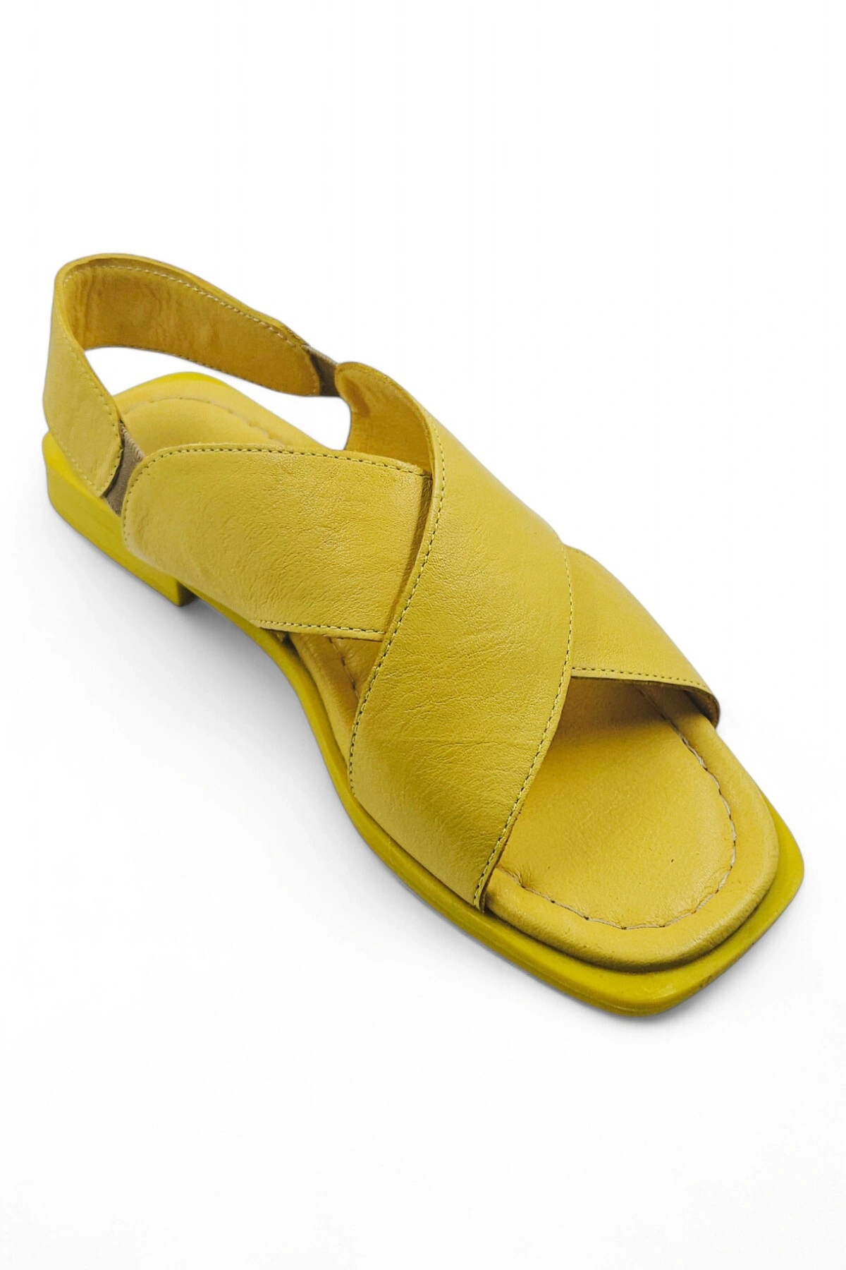 PureSole Sarı Hakiki Deri Küt Burun Kadın Sandalet