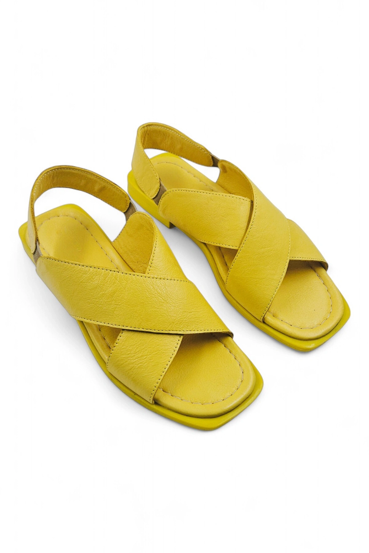 PureSole Sarı Hakiki Deri Küt Burun Kadın Sandalet