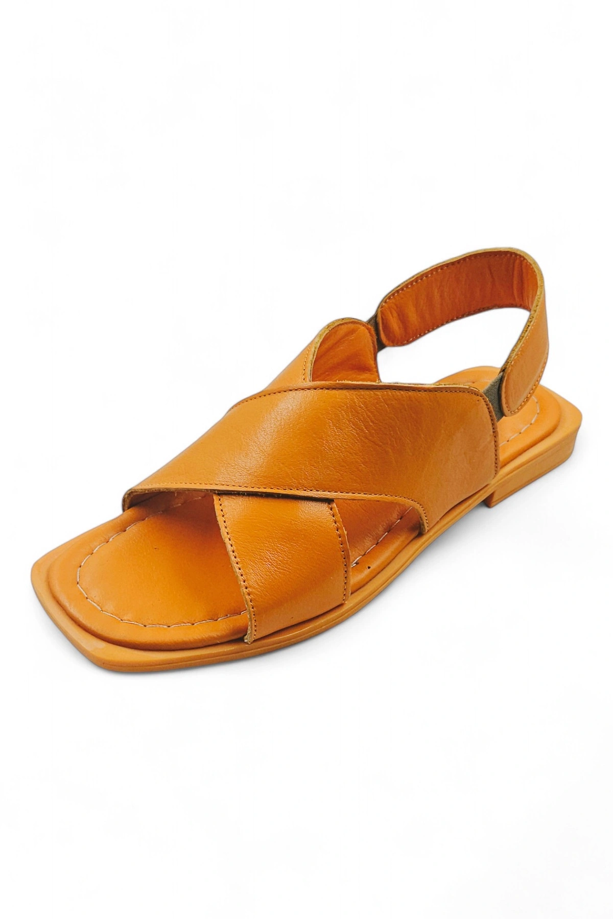 PureSole Turuncu Hakiki Deri Küt Burun Kadın Sandalet