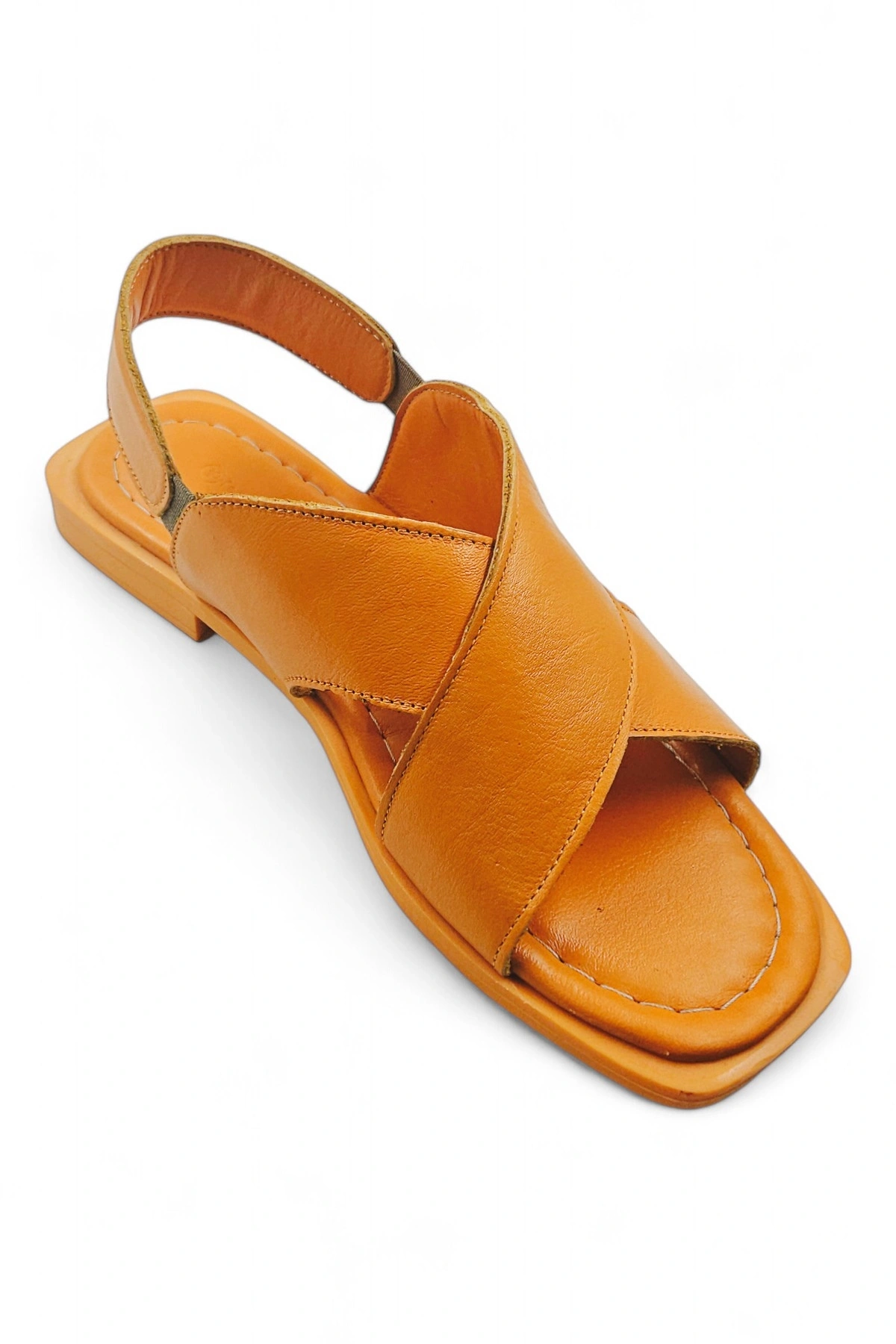 PureSole Turuncu Hakiki Deri Küt Burun Kadın Sandalet