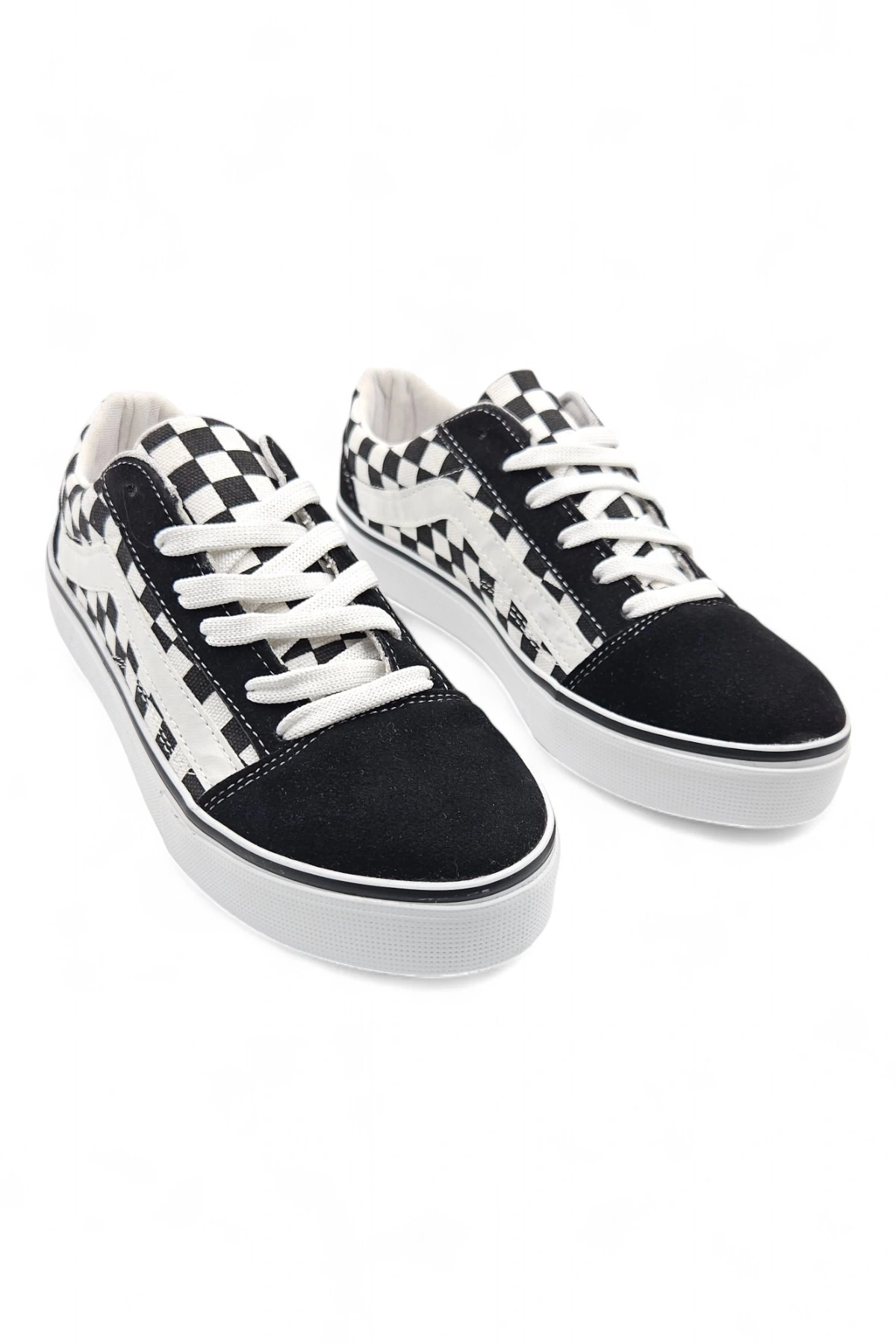 SkyOne Siyah Beyaz Damalı Desenli Model Old School Kareli Rahat Bağcıklı Günlük Sneaker Spor Ayakkabı