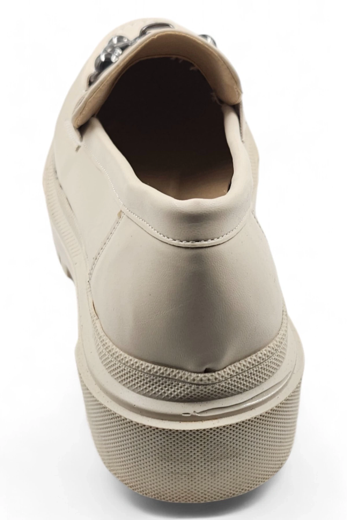 Sleekness Bej Kalın Tabanlı Tokalı Mat Topuk Pedli Kadın Loafer Ayakkabı