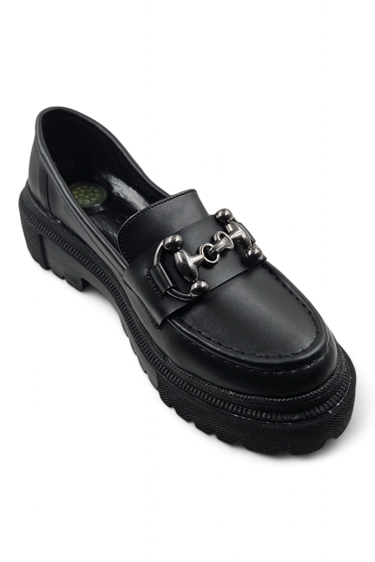 Sleekness Siyah Kalın Tabanlı Tokalı Mat Topuk Pedli Kadın Loafer Ayakkabı