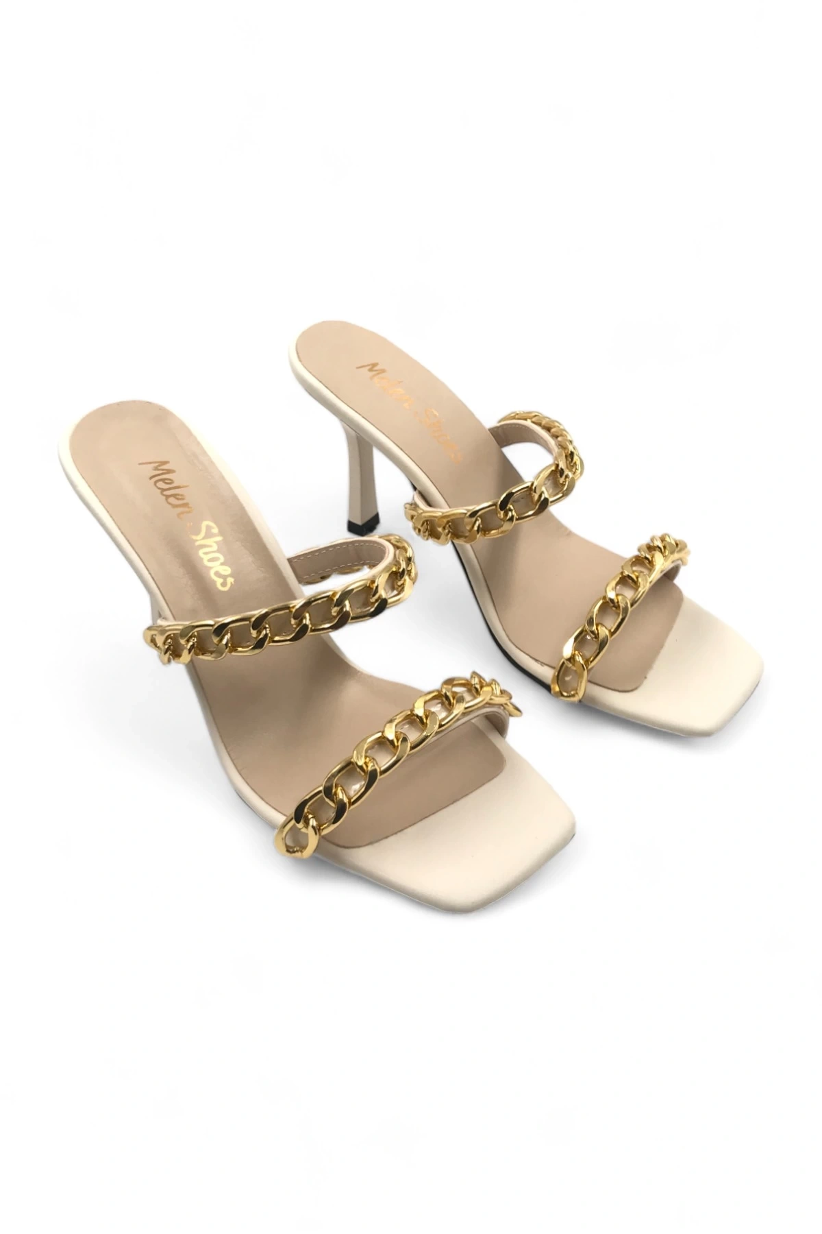 Snazzy Bej Kadın Gold Altın Zincir Detaylı Topuklu Terlik