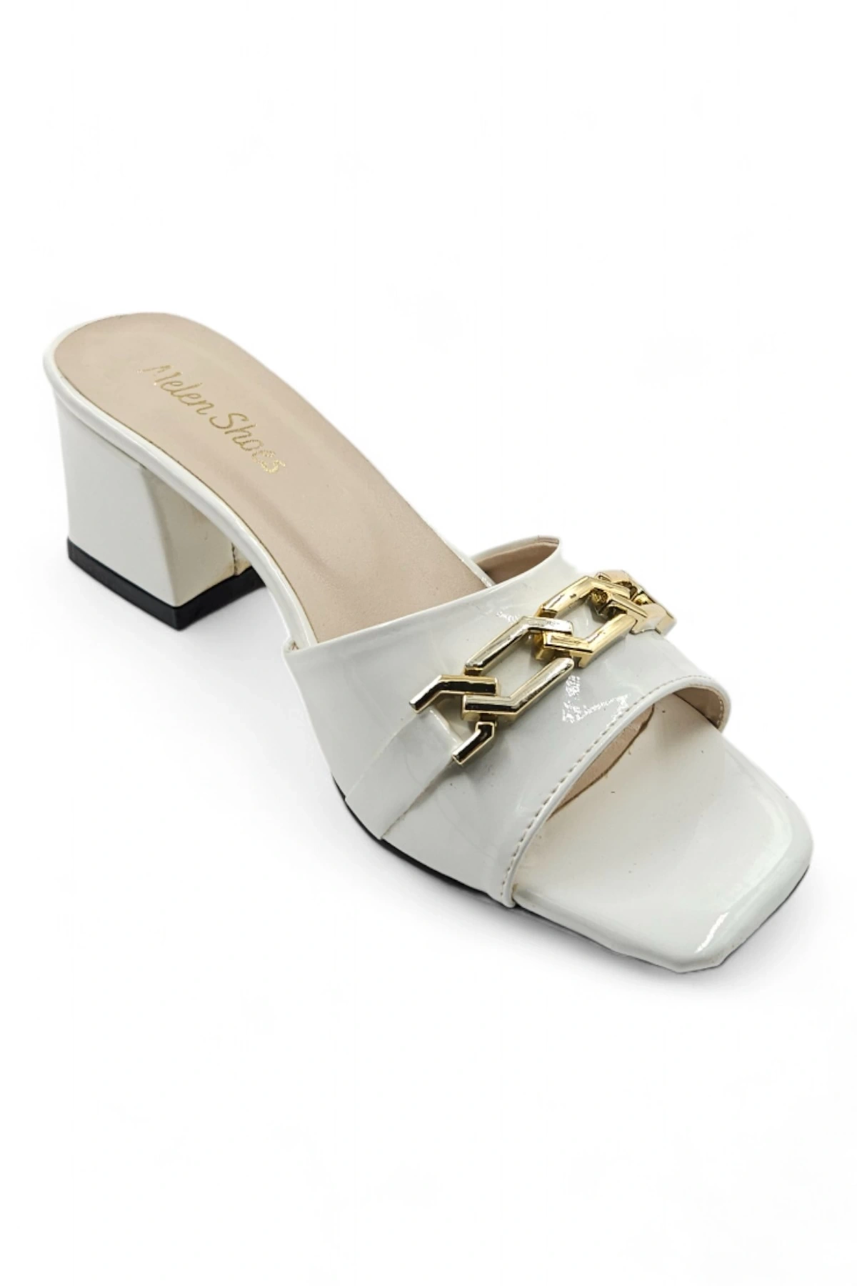 Soigné Beyaz Kadın Timsah Desenli Zincir Detaylı Topuklu Terlik