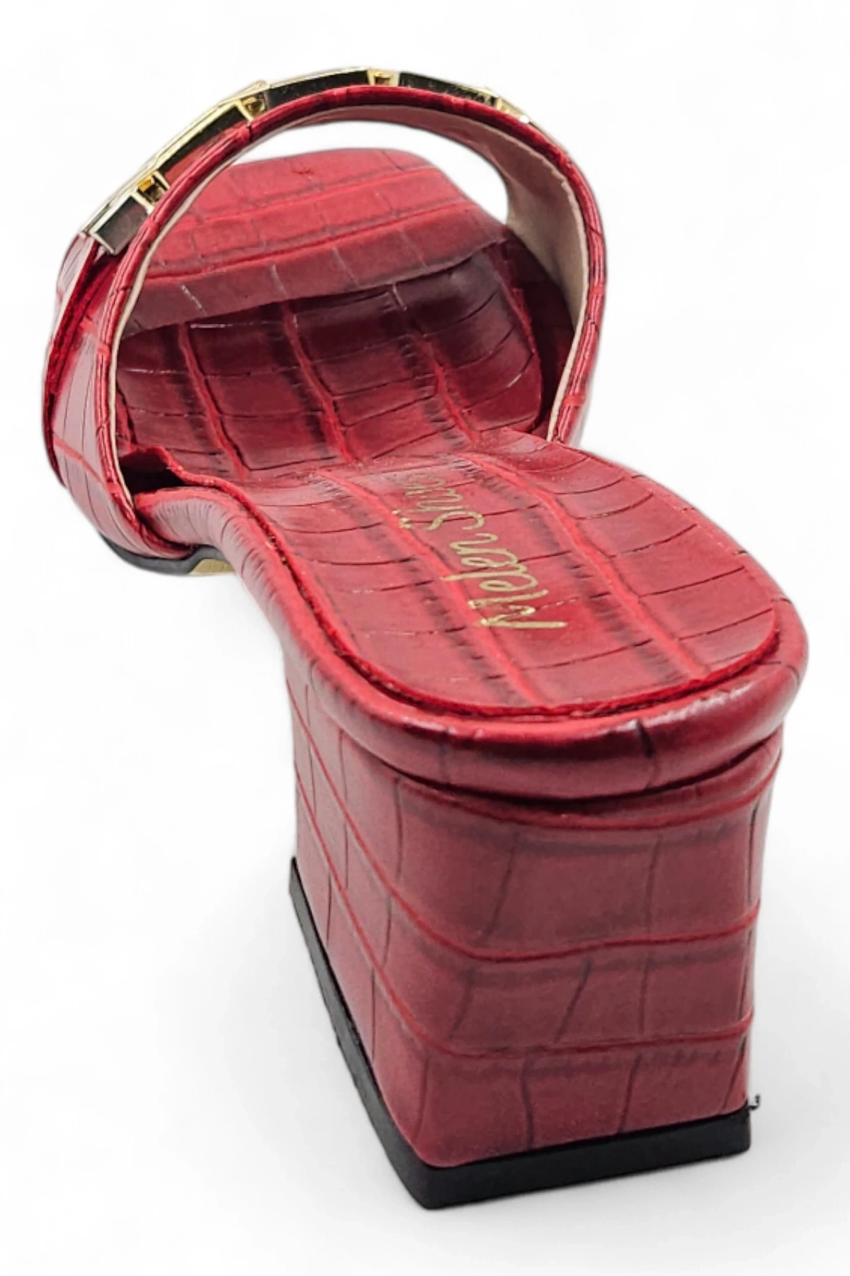 Soigné Kırmızı Kadın Timsah Desenli Zincir Detaylı Topuklu Terlik