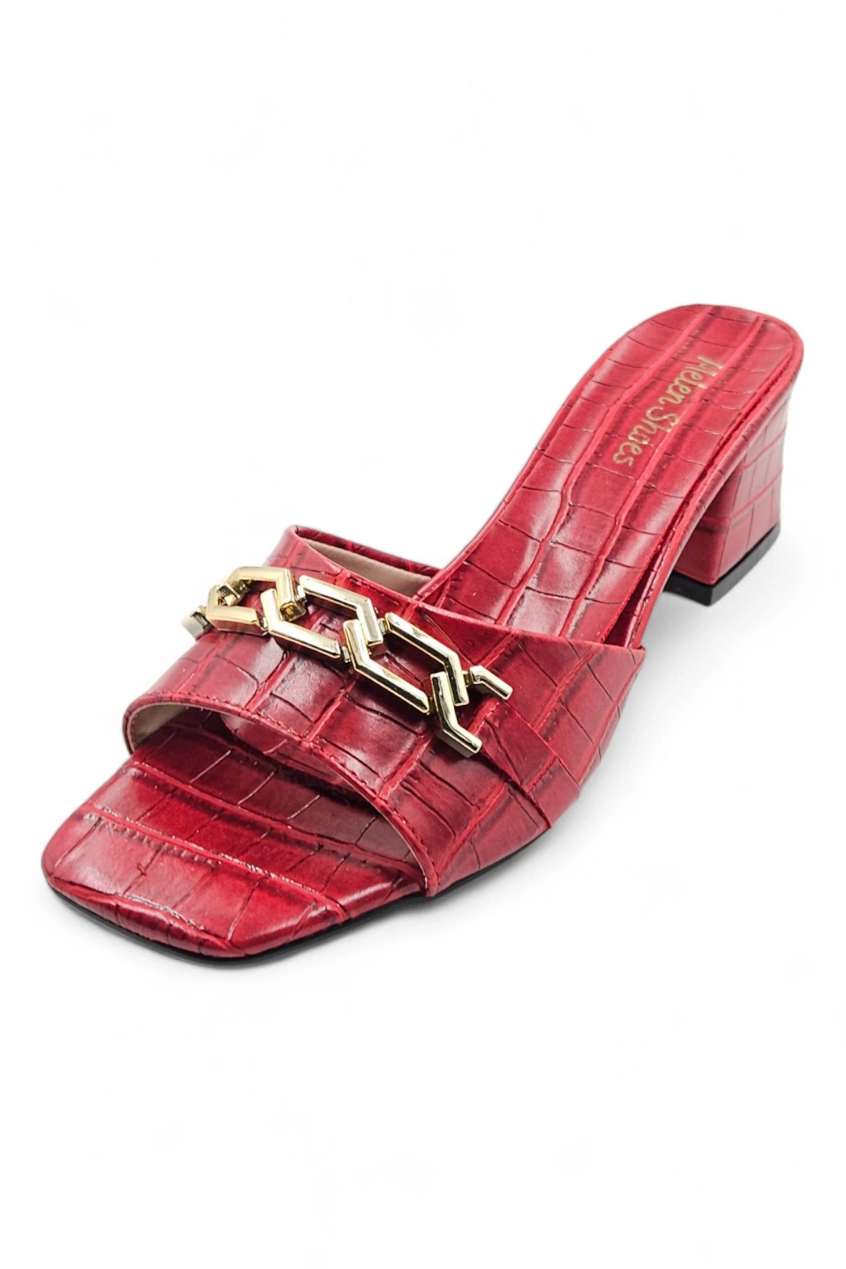 Soigné Kırmızı Kadın Timsah Desenli Zincir Detaylı Topuklu Terlik