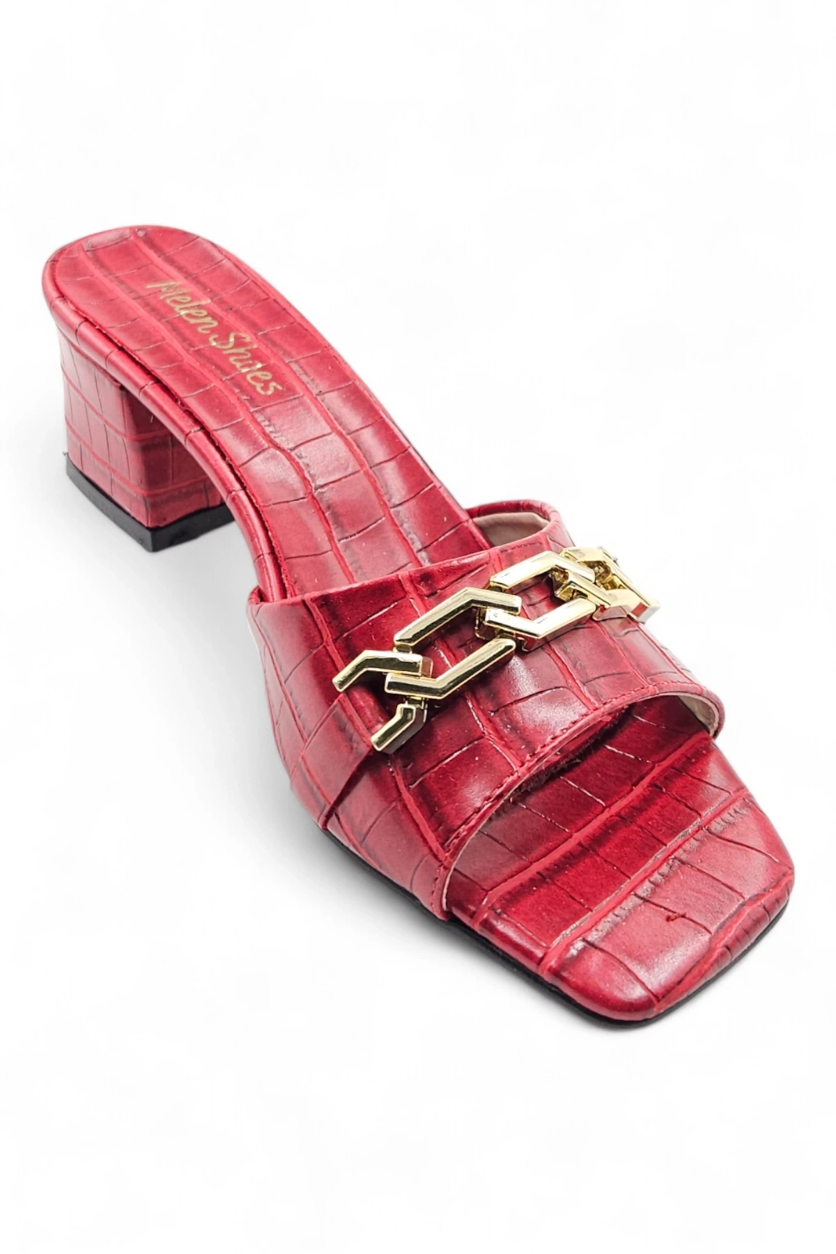 Soigné Kırmızı Kadın Timsah Desenli Zincir Detaylı Topuklu Terlik