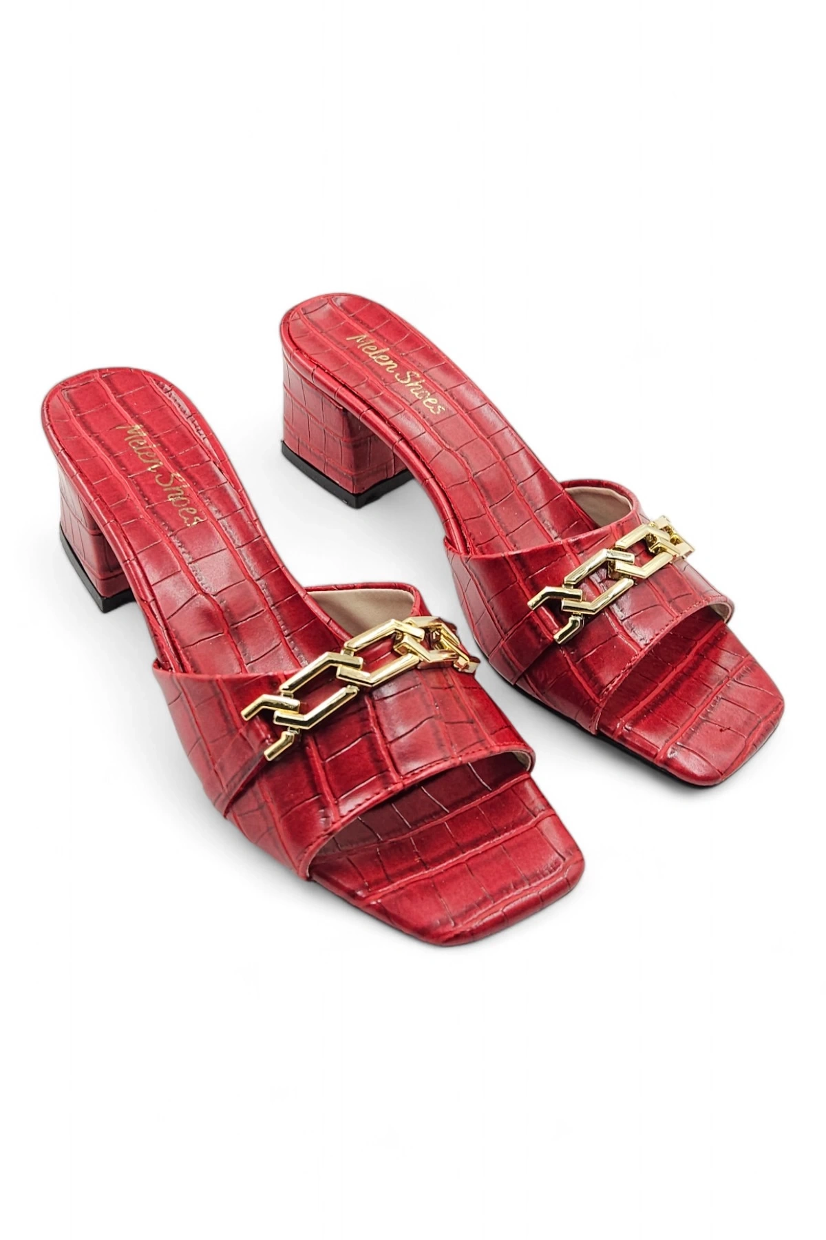 Soigné Kırmızı Kadın Timsah Desenli Zincir Detaylı Topuklu Terlik