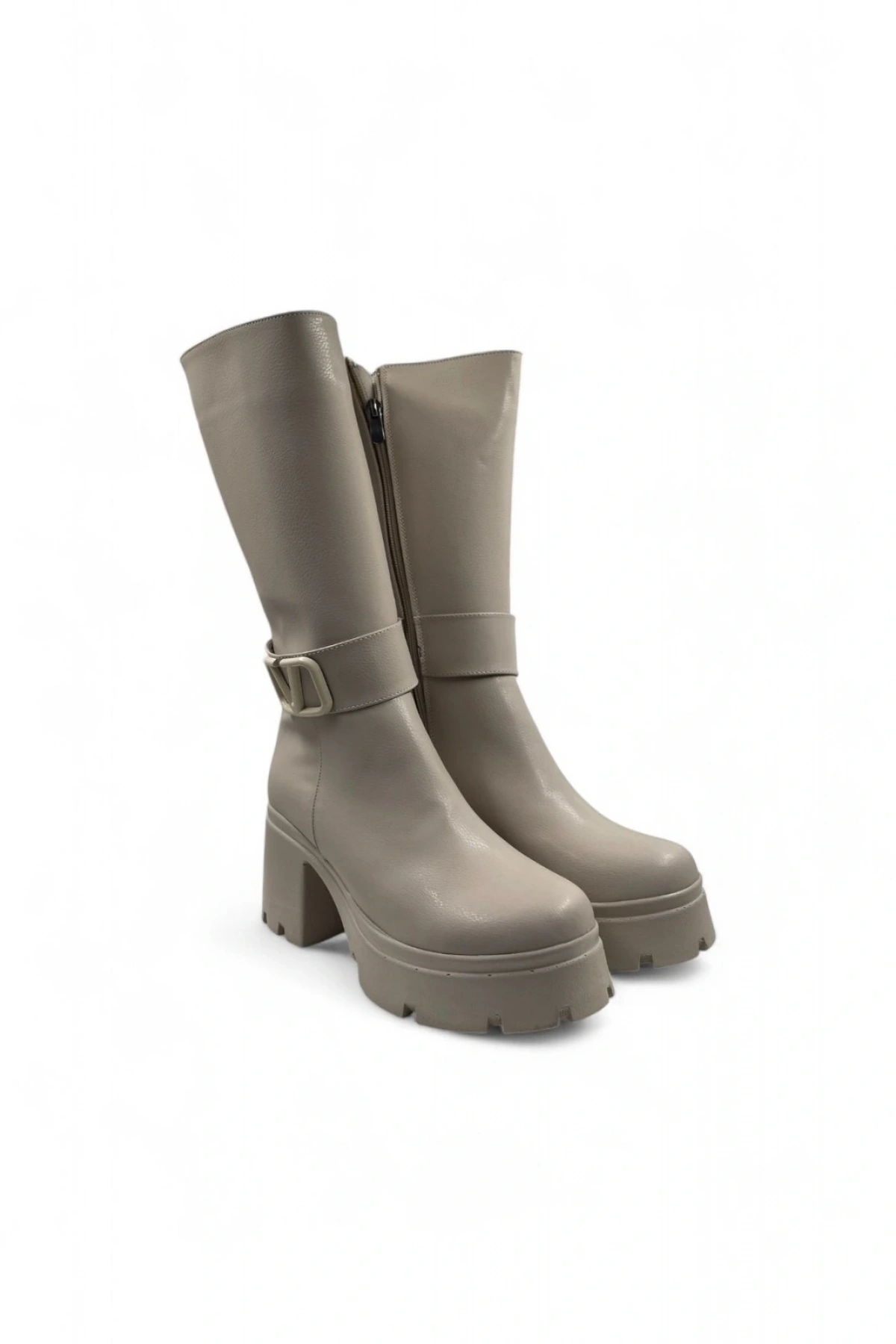 Sturdy Bej Topuklu ve Fermuarlı Rahat Şık Çizme