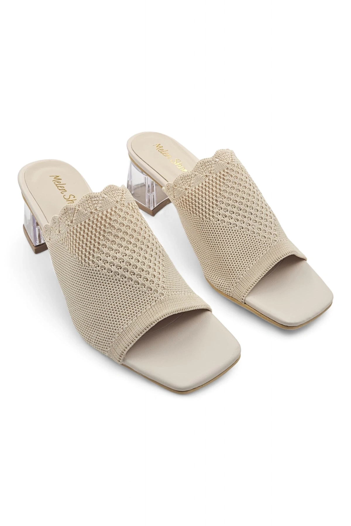 Violet Bej Triko Kadın Örme Detaylı Yüksek Topuklu Terlik