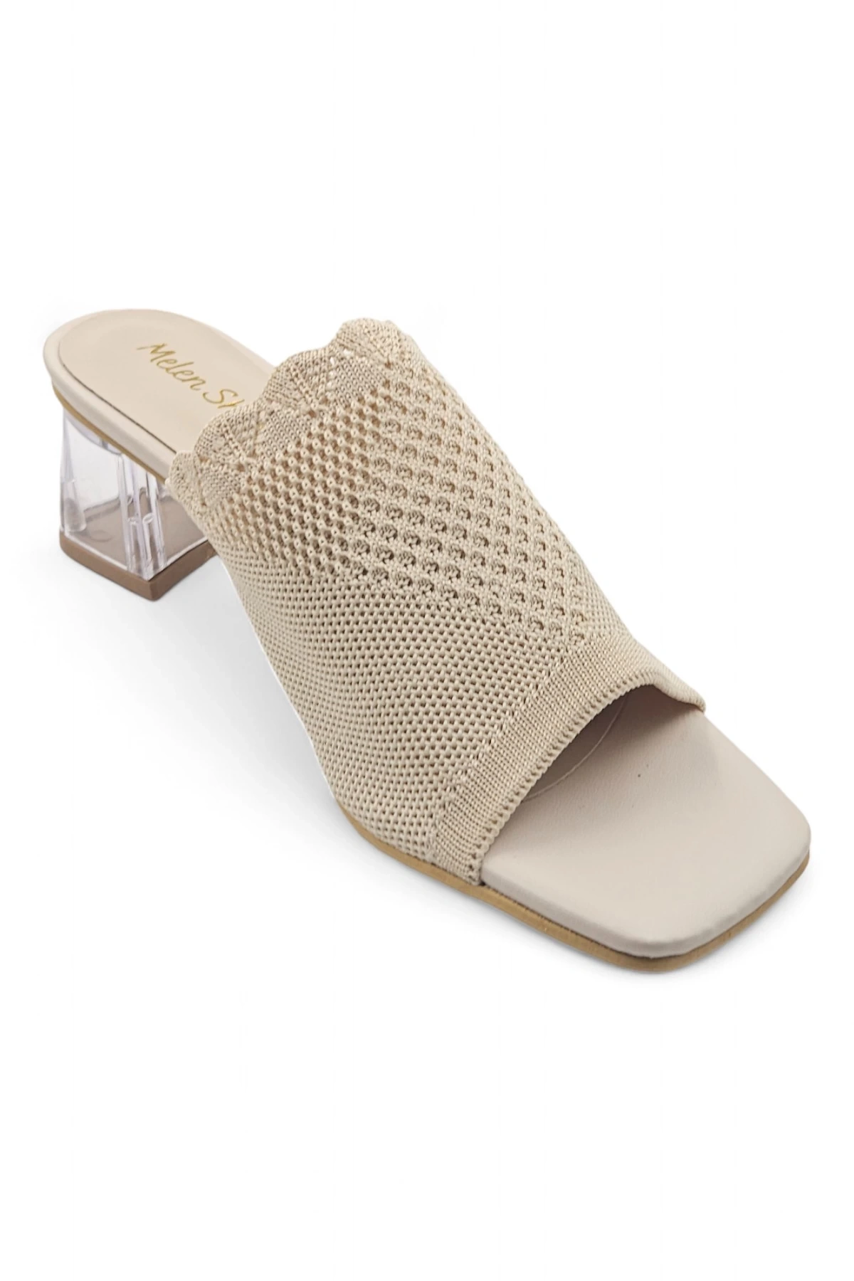 Violet Bej Triko Kadın Örme Detaylı Yüksek Topuklu Terlik