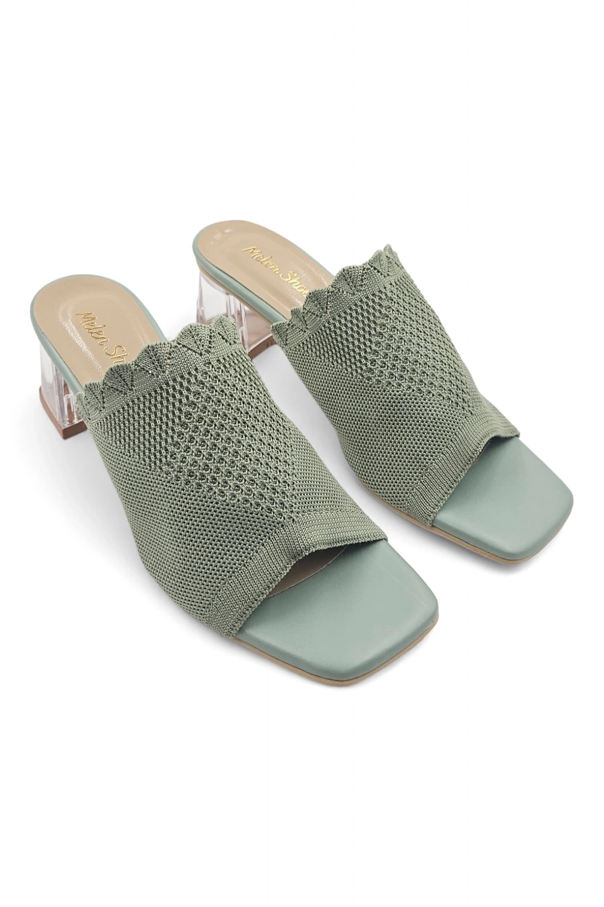 Violet Yeşil Triko Kadın Örme Detaylı Yüksek Topuklu Terlik