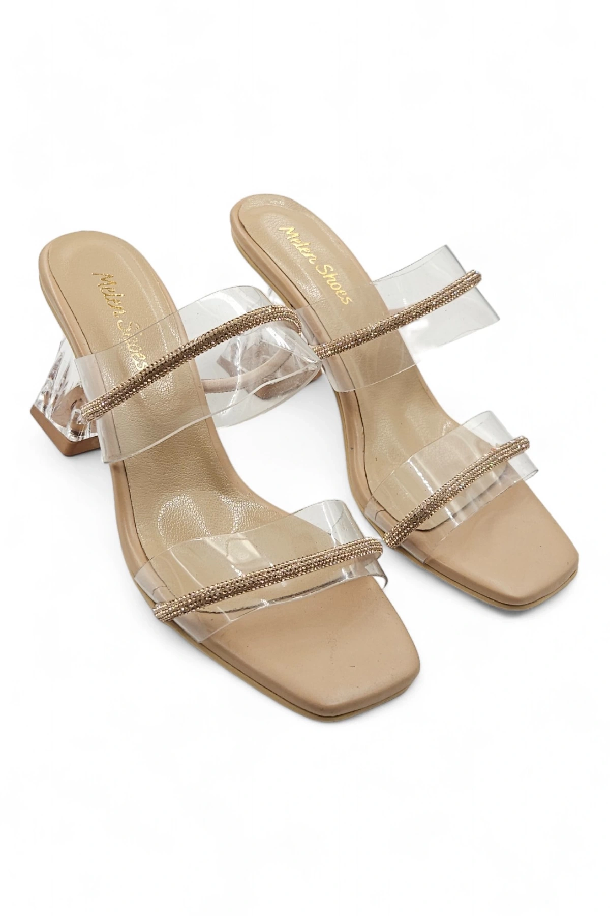 Vixen Bej Kadın Şeffaf Bantlı Taşlı Topuklu Terlik