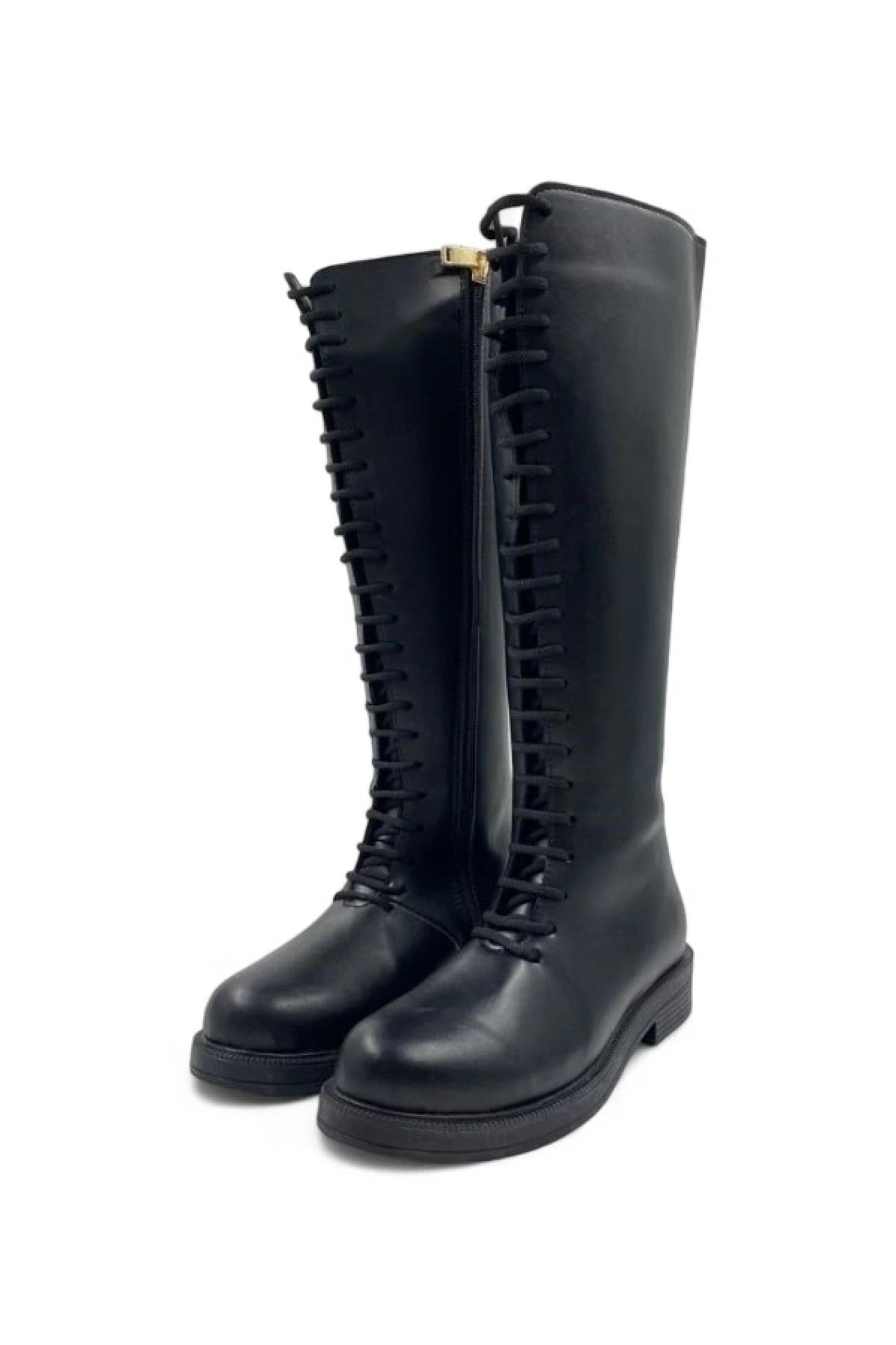Zephyr Siyah Kadın Bağcıklı Düz Taban ve Fermuarlı Çizme