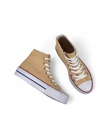 SkyStride Bej Kalın Tabanlı Boğazlı Keten Sneaker Spor Ayakkabı