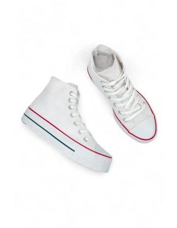 SkyStride Beyaz Kalın Tabanlı Boğazlı Keten Kadın Sneaker Spor Ayakkabı